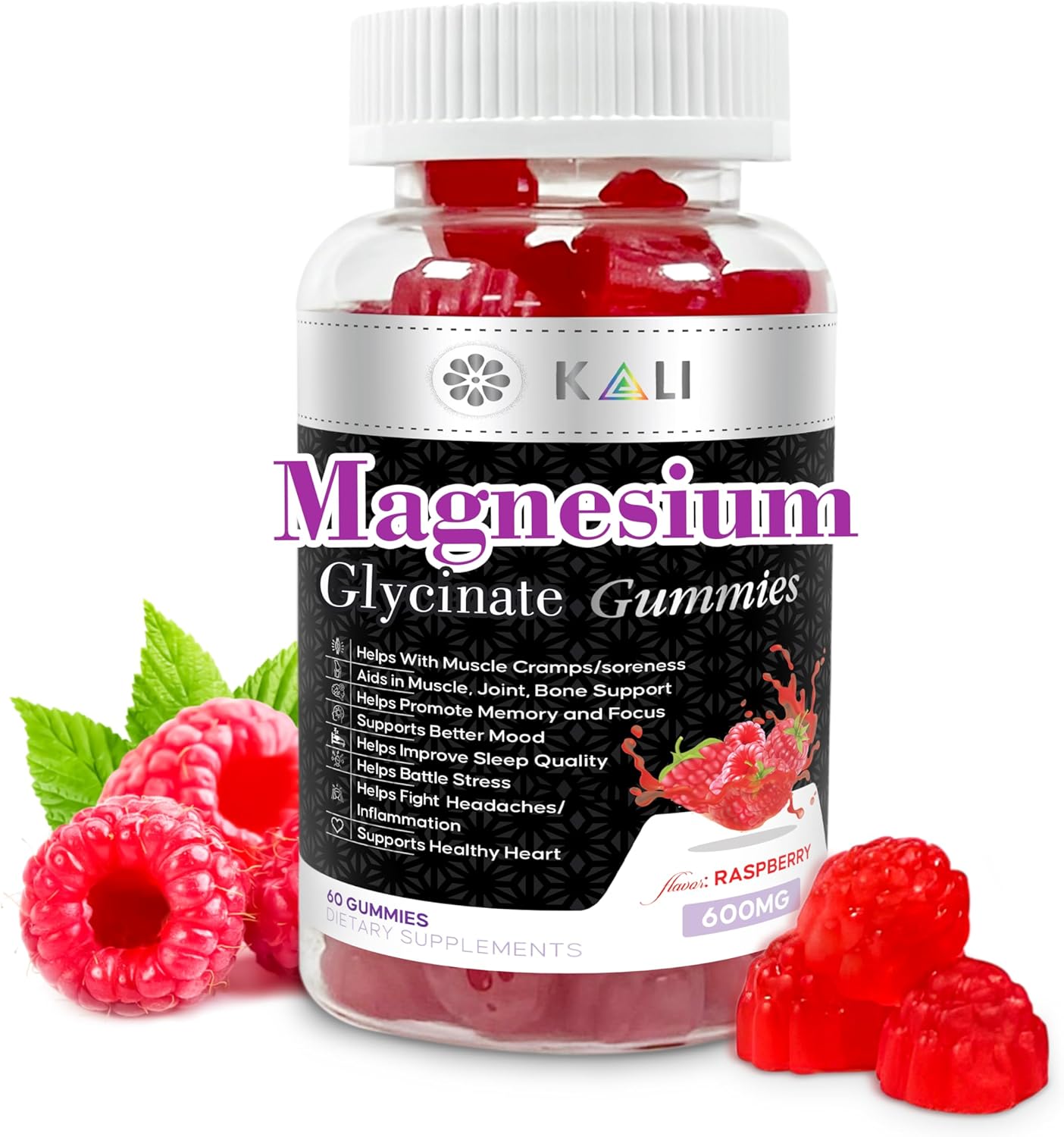 Sugar-Free KLI Magnesium Glycinate Gummies with L-Threonate - 600mg Complex for Better Sleep, Focus, and Stress Relief - 60 Raspberry Gummies