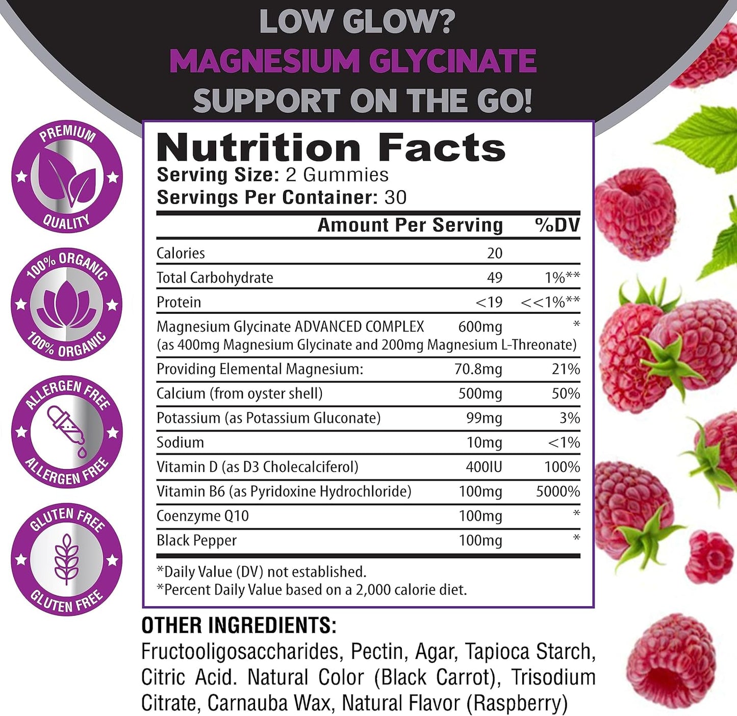 Sugar-Free KLI Magnesium Glycinate Gummies with L-Threonate - 600mg Complex for Better Sleep, Focus, and Stress Relief - 60 Raspberry Gummies