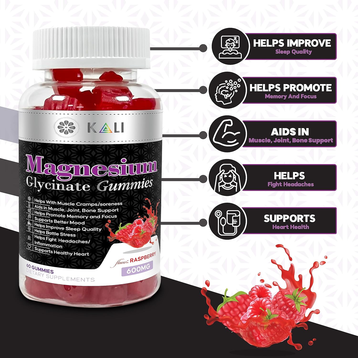 Sugar-Free KLI Magnesium Glycinate Gummies with L-Threonate - 600mg Complex for Better Sleep, Focus, and Stress Relief - 60 Raspberry Gummies