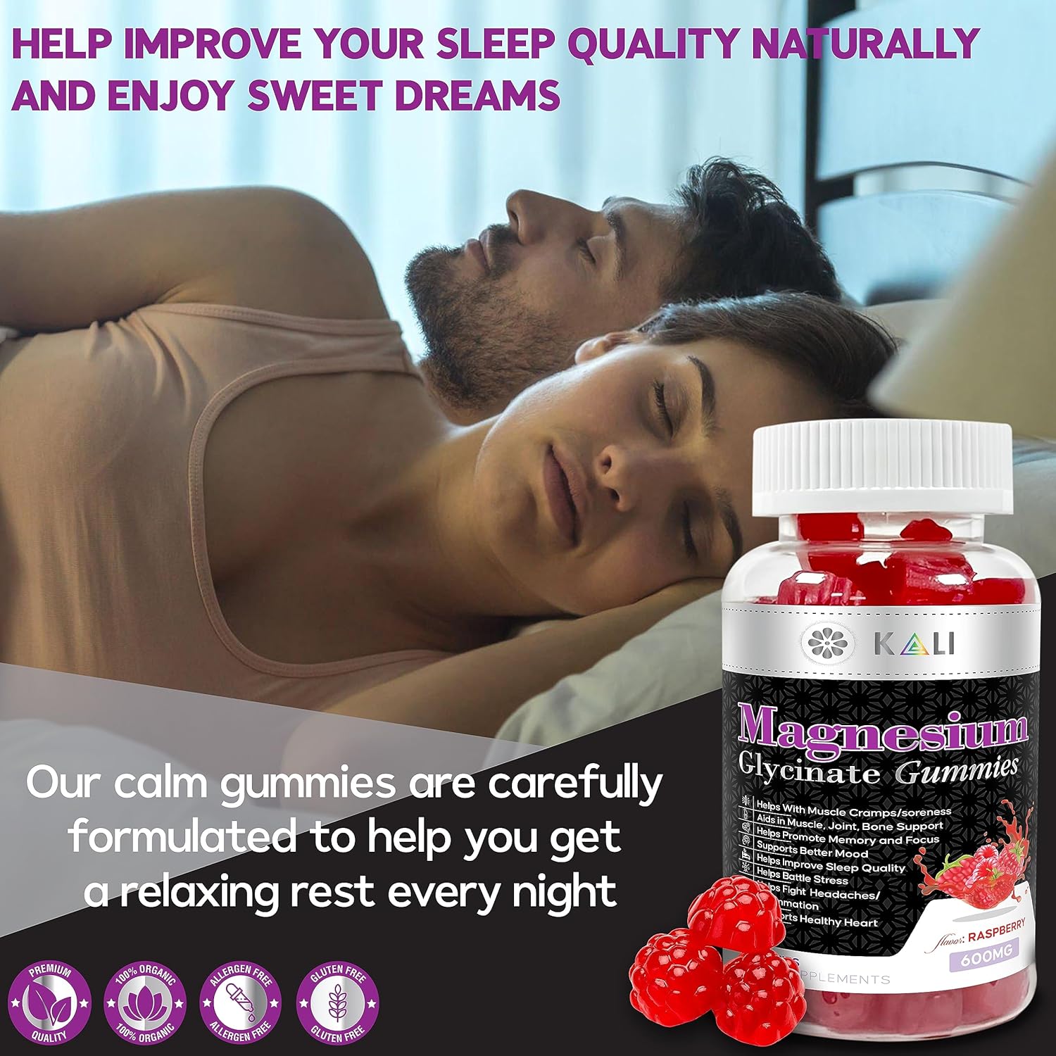 Sugar-Free KLI Magnesium Glycinate Gummies with L-Threonate - 600mg Complex for Better Sleep, Focus, and Stress Relief - 60 Raspberry Gummies