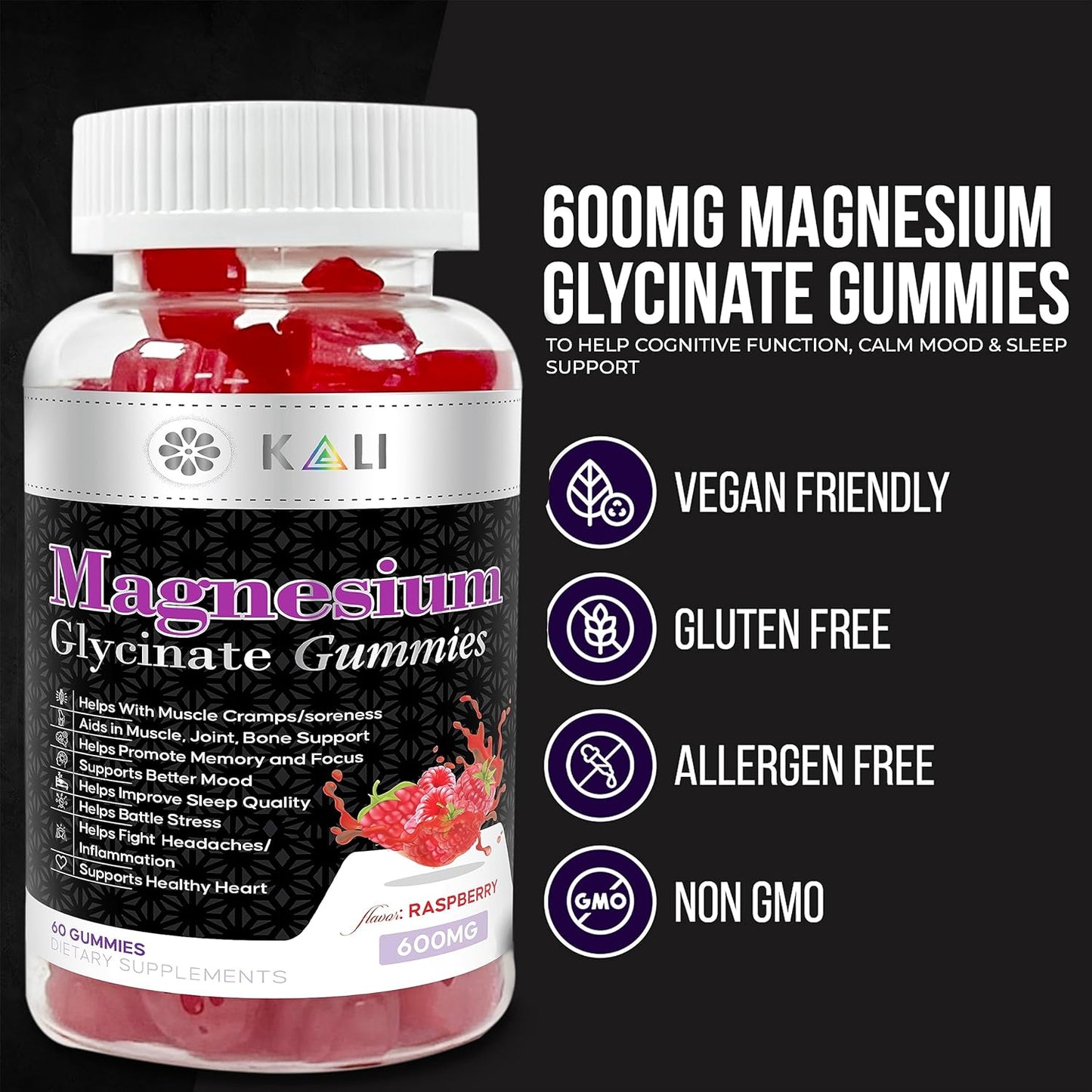 Sugar-Free KLI Magnesium Glycinate Gummies with L-Threonate - 600mg Complex for Better Sleep, Focus, and Stress Relief - 60 Raspberry Gummies
