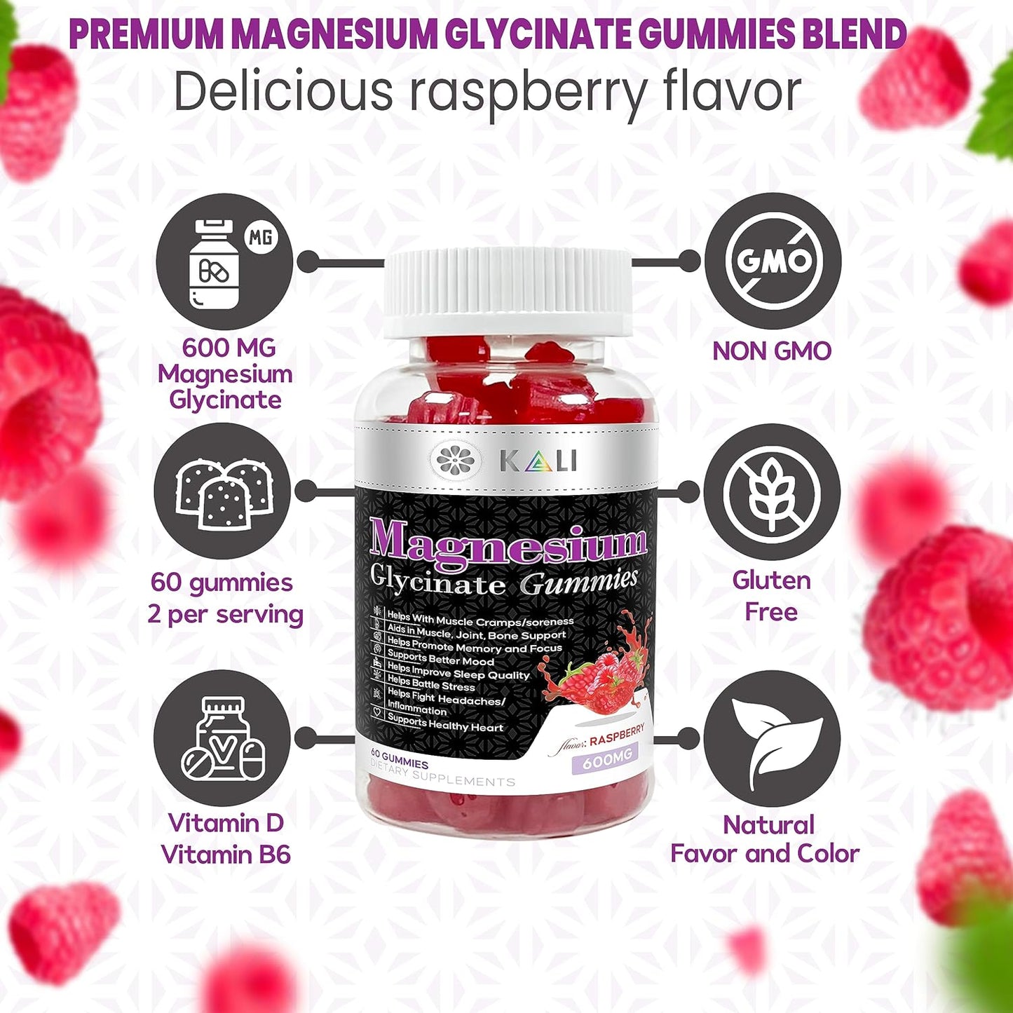 Sugar-Free KLI Magnesium Glycinate Gummies with L-Threonate - 600mg Complex for Better Sleep, Focus, and Stress Relief - 60 Raspberry Gummies