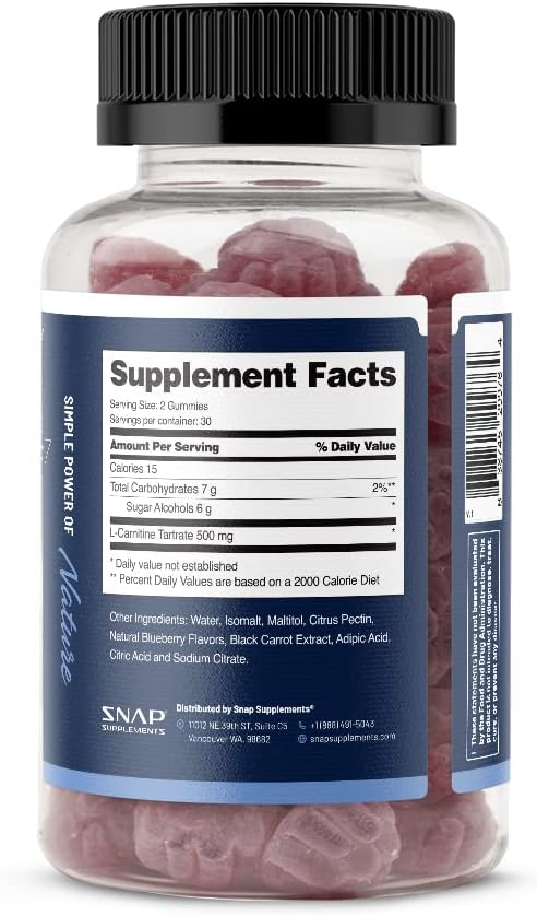 Sugar-Free L-Carnitine Gummies 500mg - Natural Pre Workout Supplement for Energy, Recovery, Metabolism Boost - Blueberry Flavor - 60 Gummies