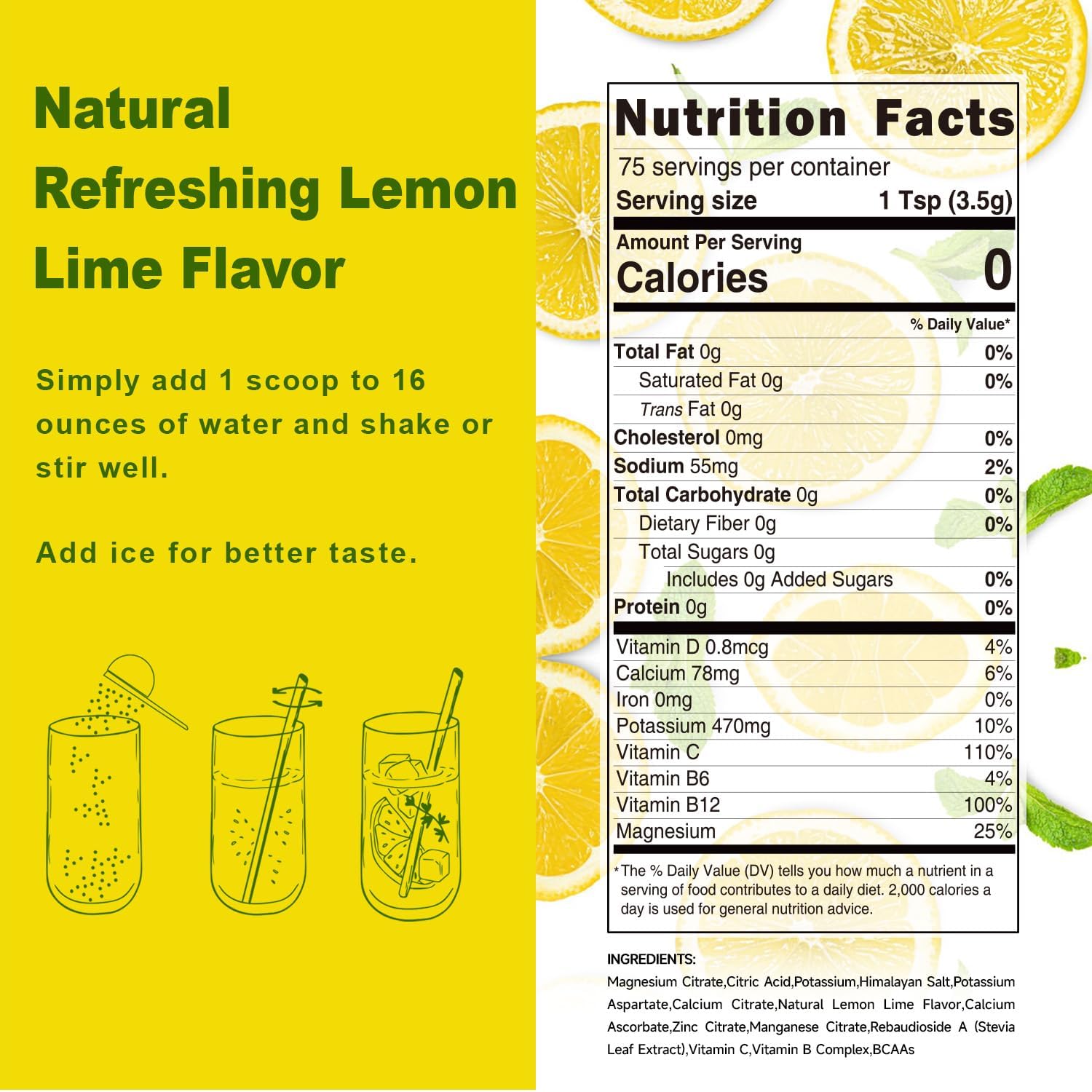 Sugar-Free Lemon Lime Electrolyte Powder with BCAAs and Vitamins - Liquid IV Drink Mix for Rapid Hydration & Recovery - Keto Friendly, Non-GMO (75 Servings)