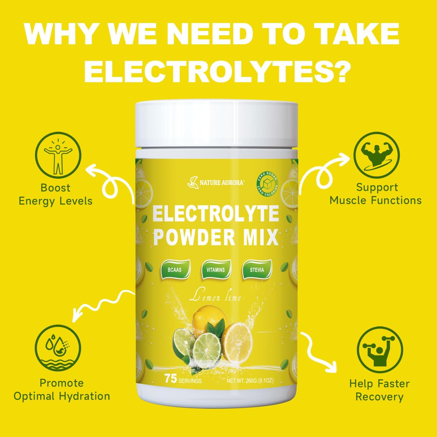 Sugar-Free Lemon Lime Electrolyte Powder with BCAAs and Vitamins - Liquid IV Drink Mix for Rapid Hydration & Recovery - Keto Friendly, Non-GMO (75 Servings)