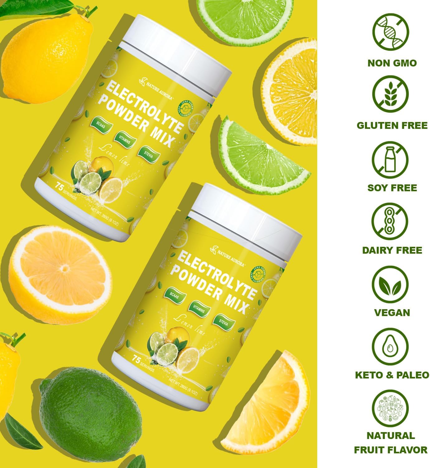 Sugar-Free Lemon Lime Electrolyte Powder with BCAAs and Vitamins - Liquid IV Drink Mix for Rapid Hydration & Recovery - Keto Friendly, Non-GMO (75 Servings)
