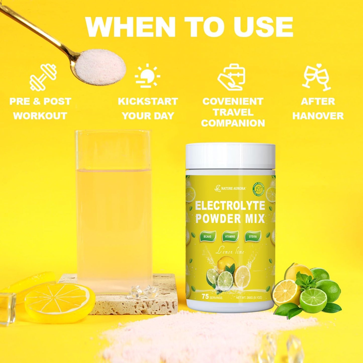 Sugar-Free Lemon Lime Electrolyte Powder with BCAAs and Vitamins - Liquid IV Drink Mix for Rapid Hydration & Recovery - Keto Friendly, Non-GMO (75 Servings)