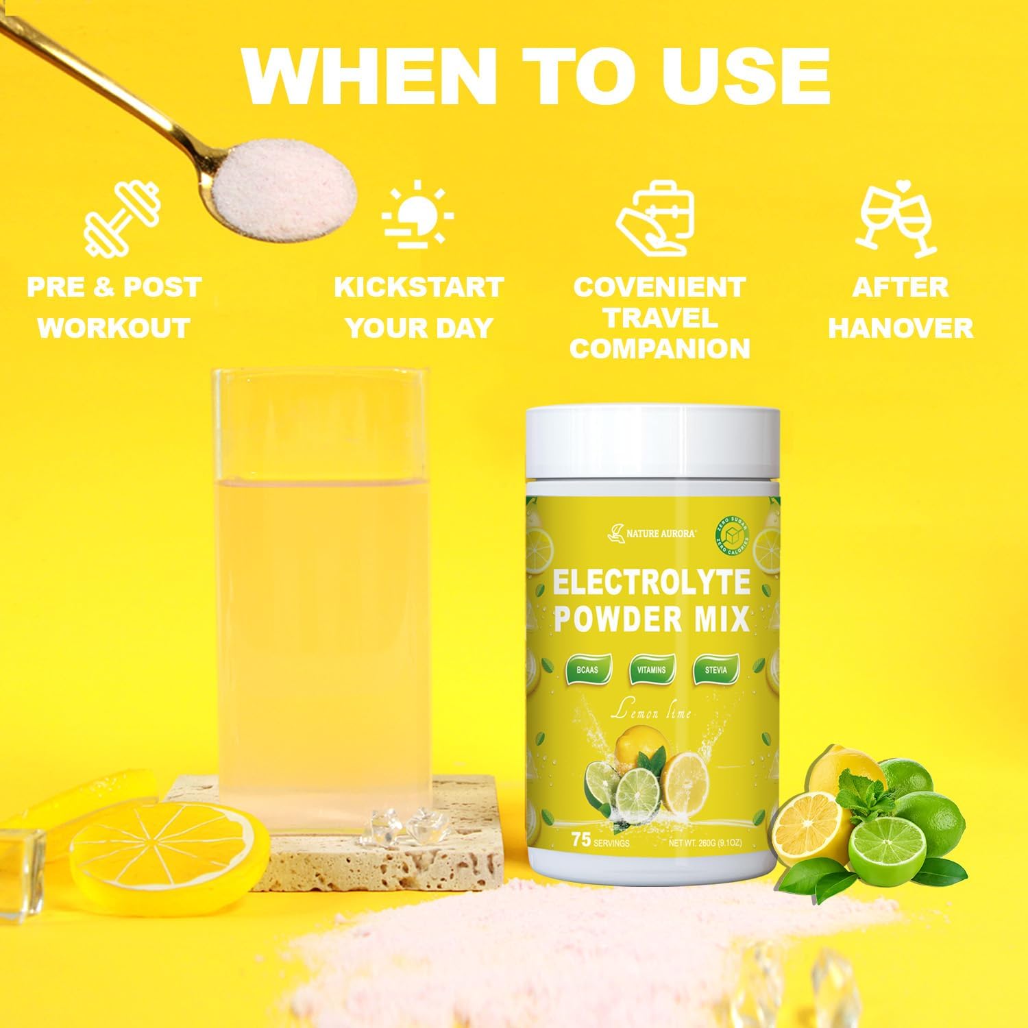 Sugar-Free Lemon Lime Electrolyte Powder with BCAAs and Vitamins - Liquid IV Drink Mix for Rapid Hydration & Recovery - Keto Friendly, Non-GMO (75 Servings)
