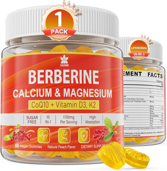 Sugar-Free LILICARE Berberine Gummies with Liposomal Berberine HCI, Calcium, Magnesium - Vegan & AMPK Activator for Energy & Metabolism - 1 Pack