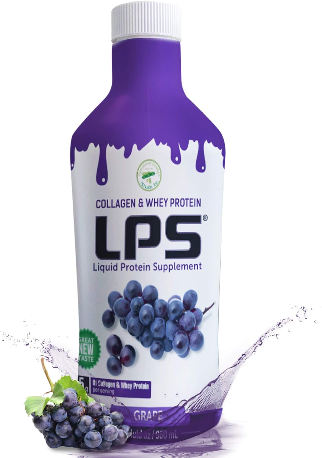 Sugar-Free LPS Liquid Collagen & Whey Protein Supplement for Healthy Skin & Hair - Grape Flavor - Non-GMO Formula for Men & Women