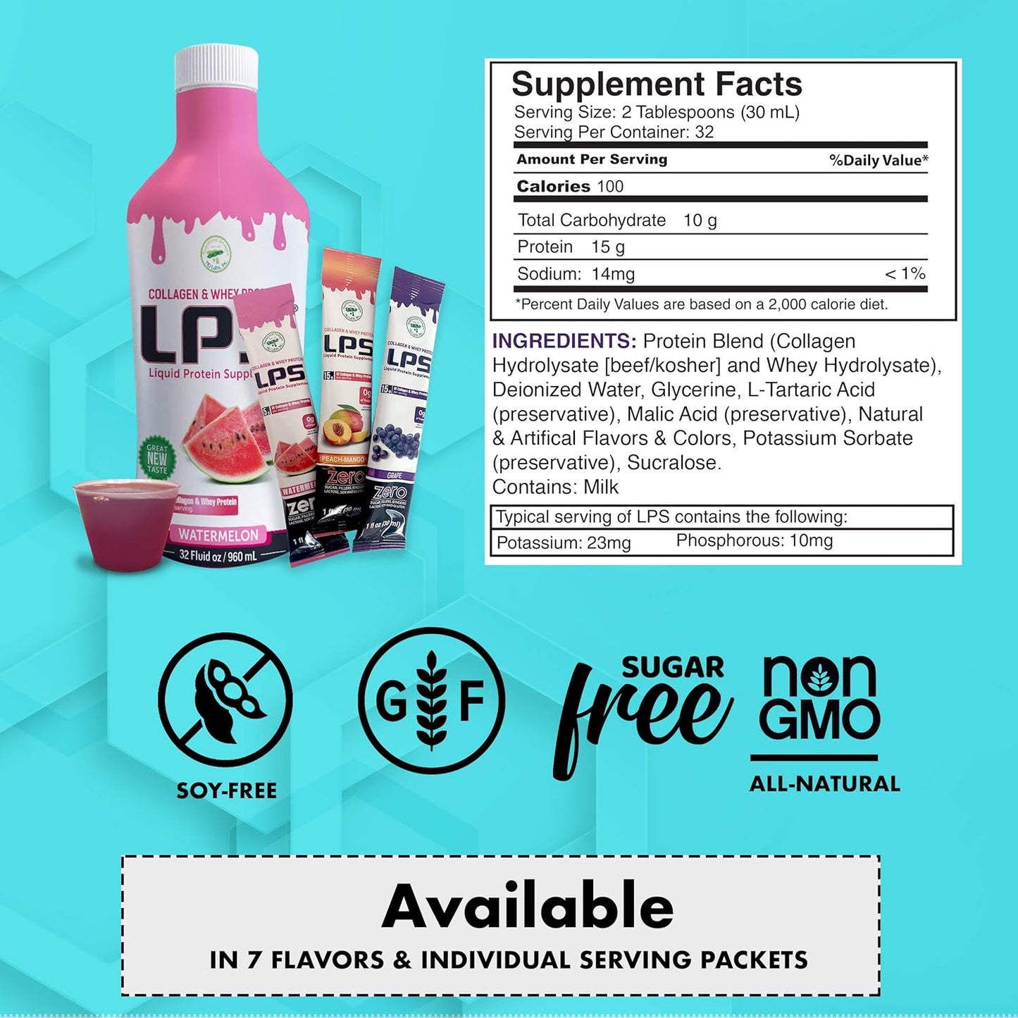 Sugar-Free LPS Liquid Collagen & Whey Protein Supplement for Healthy Skin & Hair - Grape Flavor - Non-GMO Formula for Men & Women