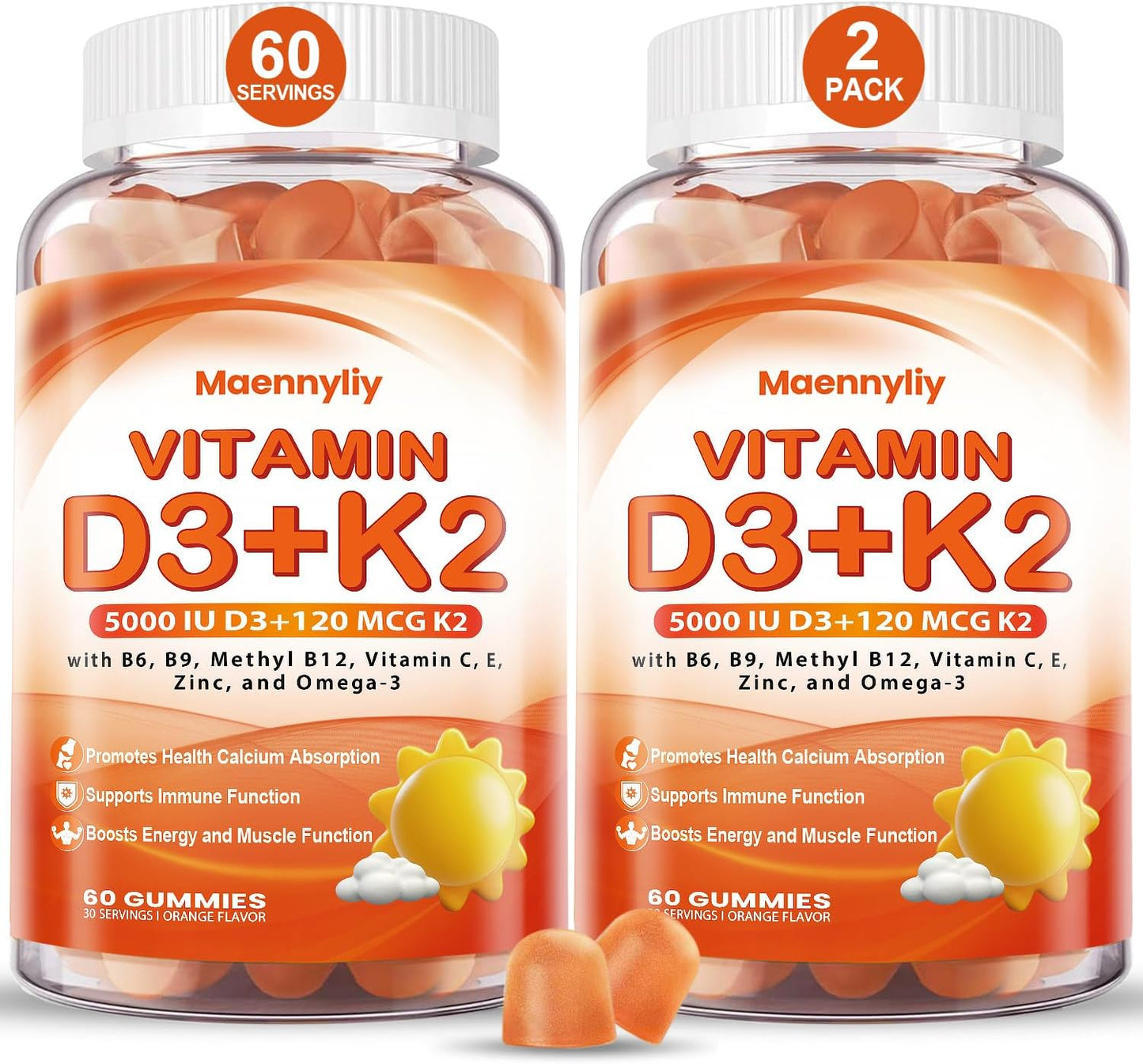 Sugar-Free Maennyliy Vitamin D3 K2 Gummies for Adults with Omega-3, B12, B9, B6, E & Zinc - Supports Calcium Absorption & Immune Health - D3 5000IU + K2 (MK-7) 120mcg
