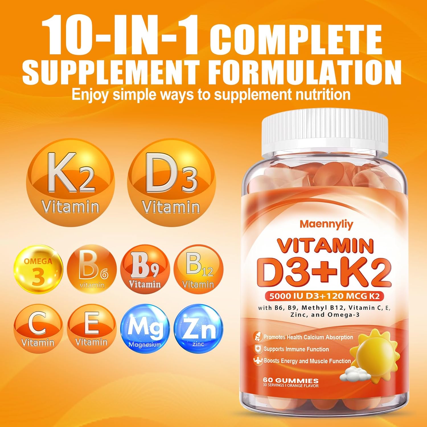 Sugar-Free Maennyliy Vitamin D3 K2 Gummies for Adults with Omega-3, B12, B9, B6, E & Zinc - Supports Calcium Absorption & Immune Health - D3 5000IU + K2 (MK-7) 120mcg