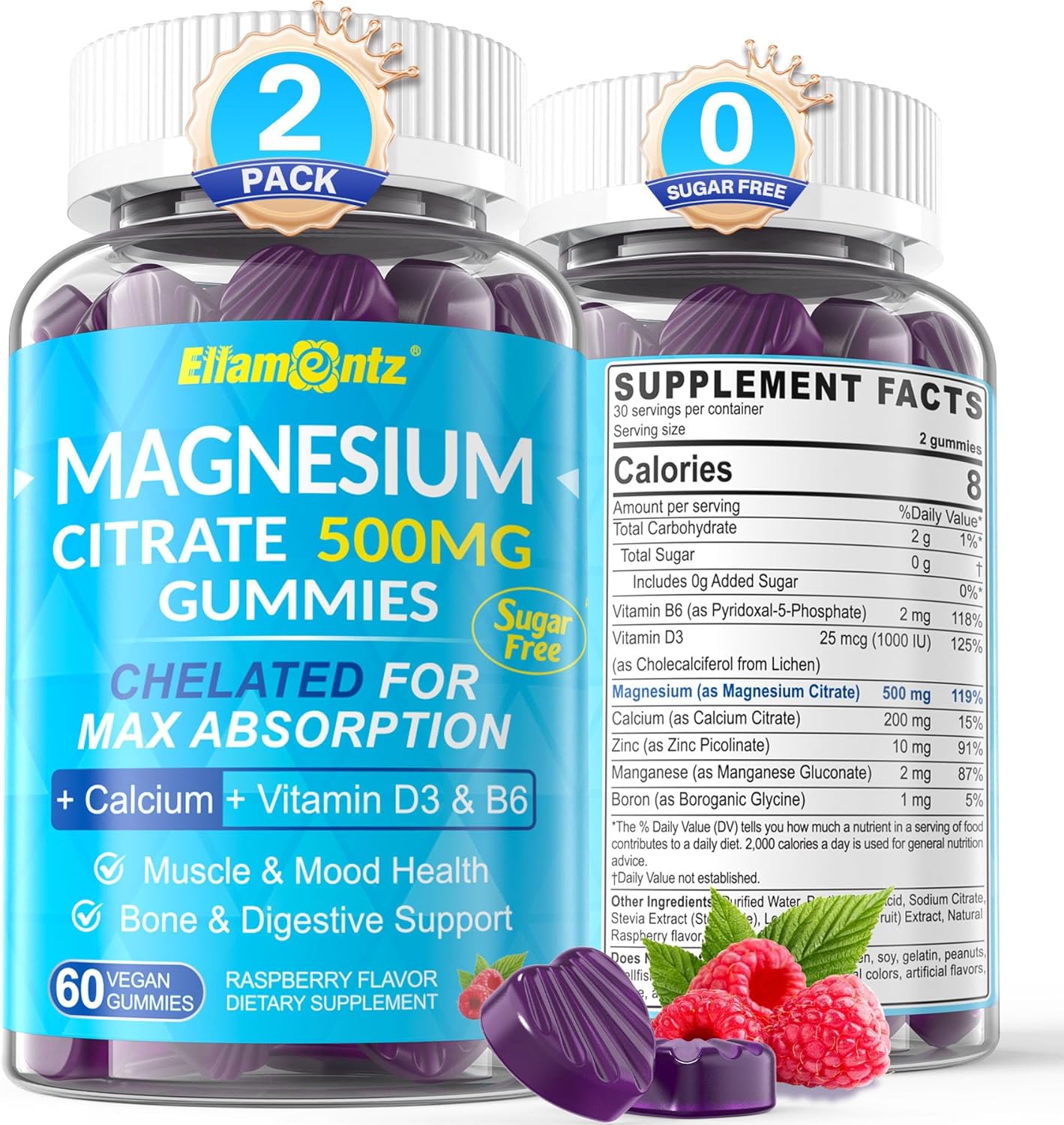 Sugar-Free Magnesium Citrate Gummies with B6 for Mood & Constipation Relief - Vegan Calcium Magnesium Zinc D3 Supplement for Bone & Muscle Support by ELLAMENTZ