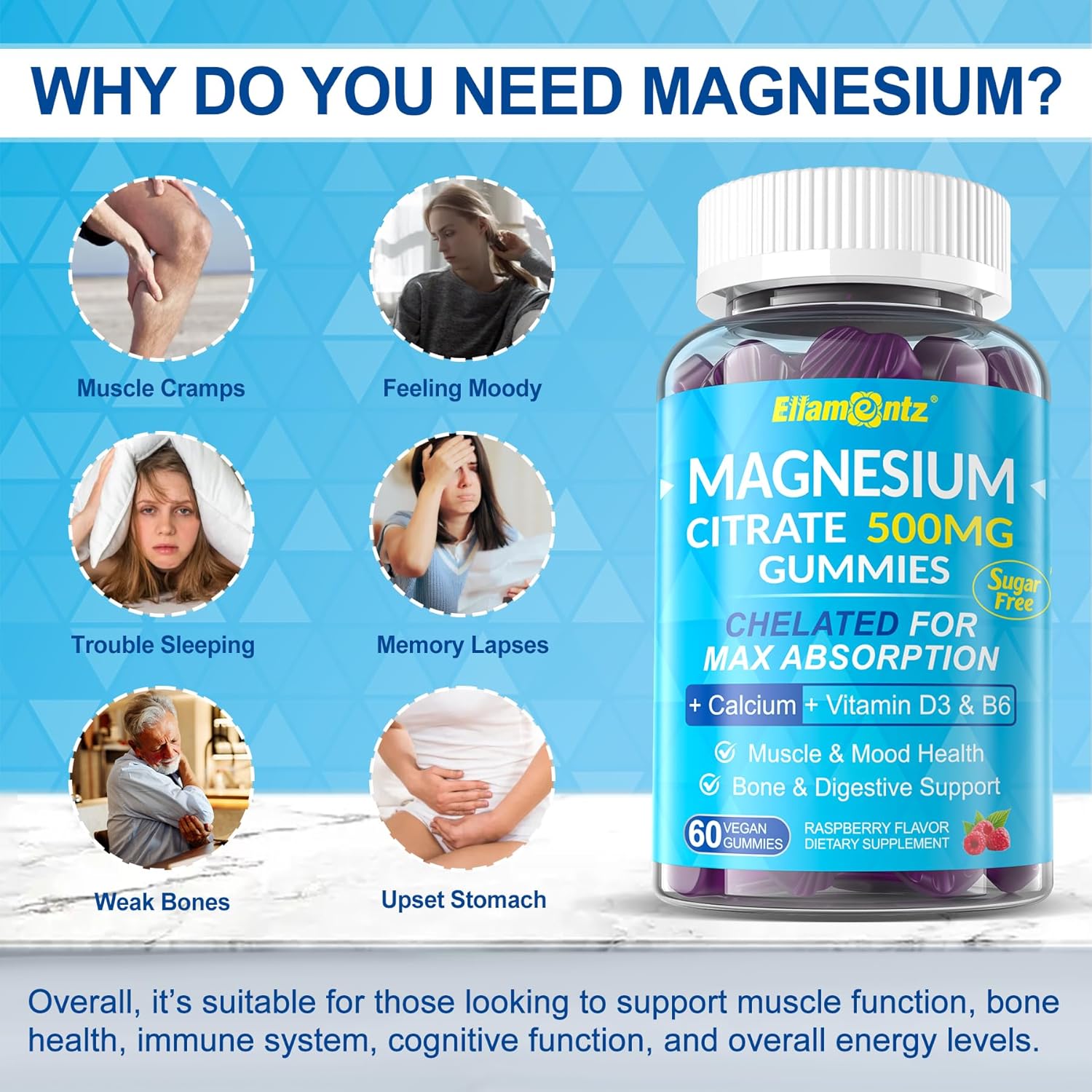 Sugar-Free Magnesium Citrate Gummies with B6 for Mood & Constipation Relief - Vegan Calcium Magnesium Zinc D3 Supplement for Bone & Muscle Support by ELLAMENTZ