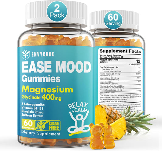 Sugar Free Magnesium Glycinate Gummies 400mg with Ashwagandha, B1, B3, Rhodiola Rosea & Saffron - Rest, Mood & Calm Support - Vegan Chewable Supplement for Adults - 120 Count