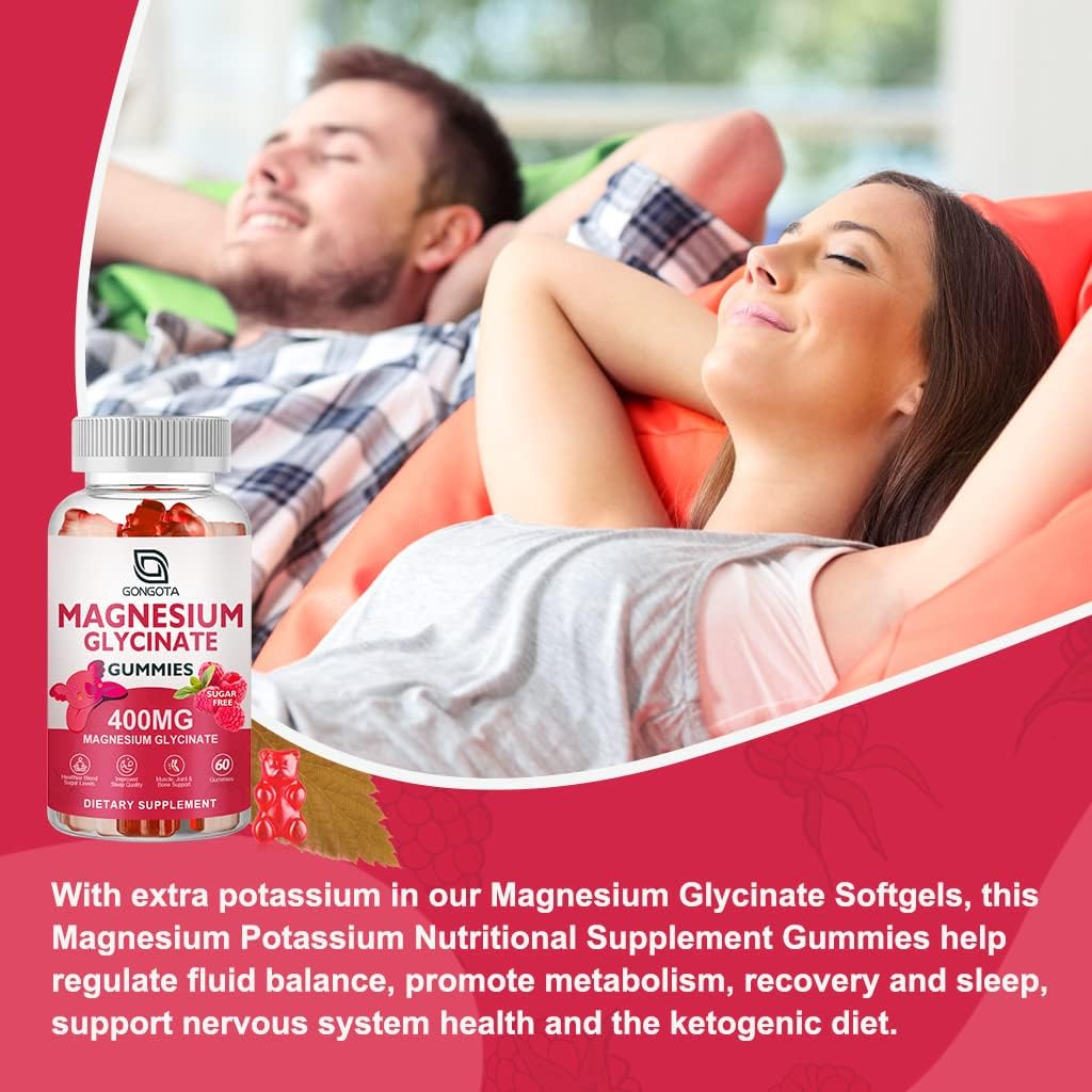 Sugar-Free Magnesium Glycinate Gummies 400mg with Potassium & Vitamins D, B6 - Supports Calm, Sleep, Memory & Muscle Cramps - 60 Gummies