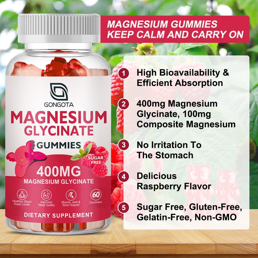Sugar-Free Magnesium Glycinate Gummies 400mg with Potassium & Vitamins D, B6 - Supports Calm, Sleep, Memory & Muscle Cramps - 60 Gummies