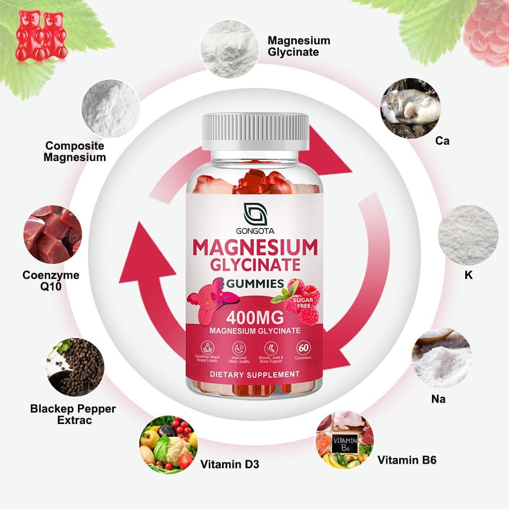 Sugar-Free Magnesium Glycinate Gummies 400mg with Potassium & Vitamins D, B6 - Supports Calm, Sleep, Memory & Muscle Cramps - 60 Gummies