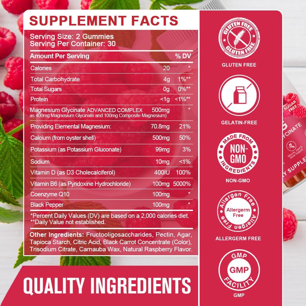Sugar-Free Magnesium Glycinate Gummies 400mg with Potassium & Vitamins D, B6 - Supports Calm, Sleep, Memory & Muscle Cramps - 60 Gummies