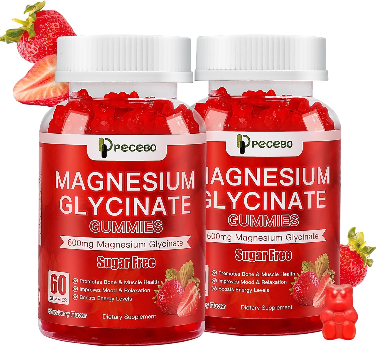 Sugar Free Magnesium Glycinate Gummies 600mg for Adults - Strawberry Supplement for Stress, Muscle Relief, Nerve Health - Non-GMO, Gluten Free, Vegan - 120 Count.