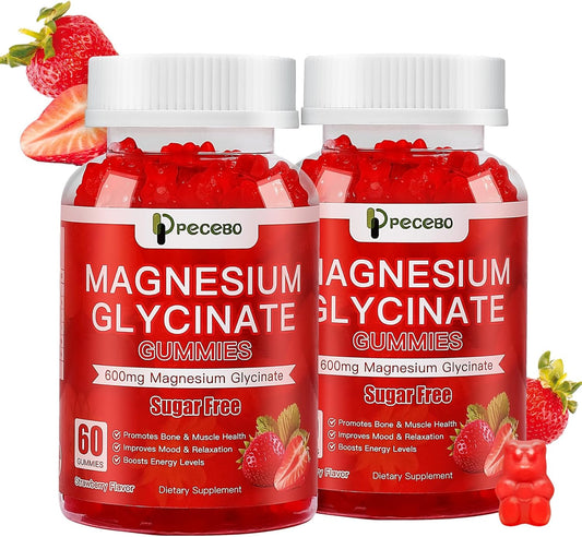 Sugar Free Magnesium Glycinate Gummies 600mg for Adults - Strawberry Supplement for Stress, Muscle Relief, Nerve Health - Non-GMO, Gluten Free, Vegan - 120 Count.