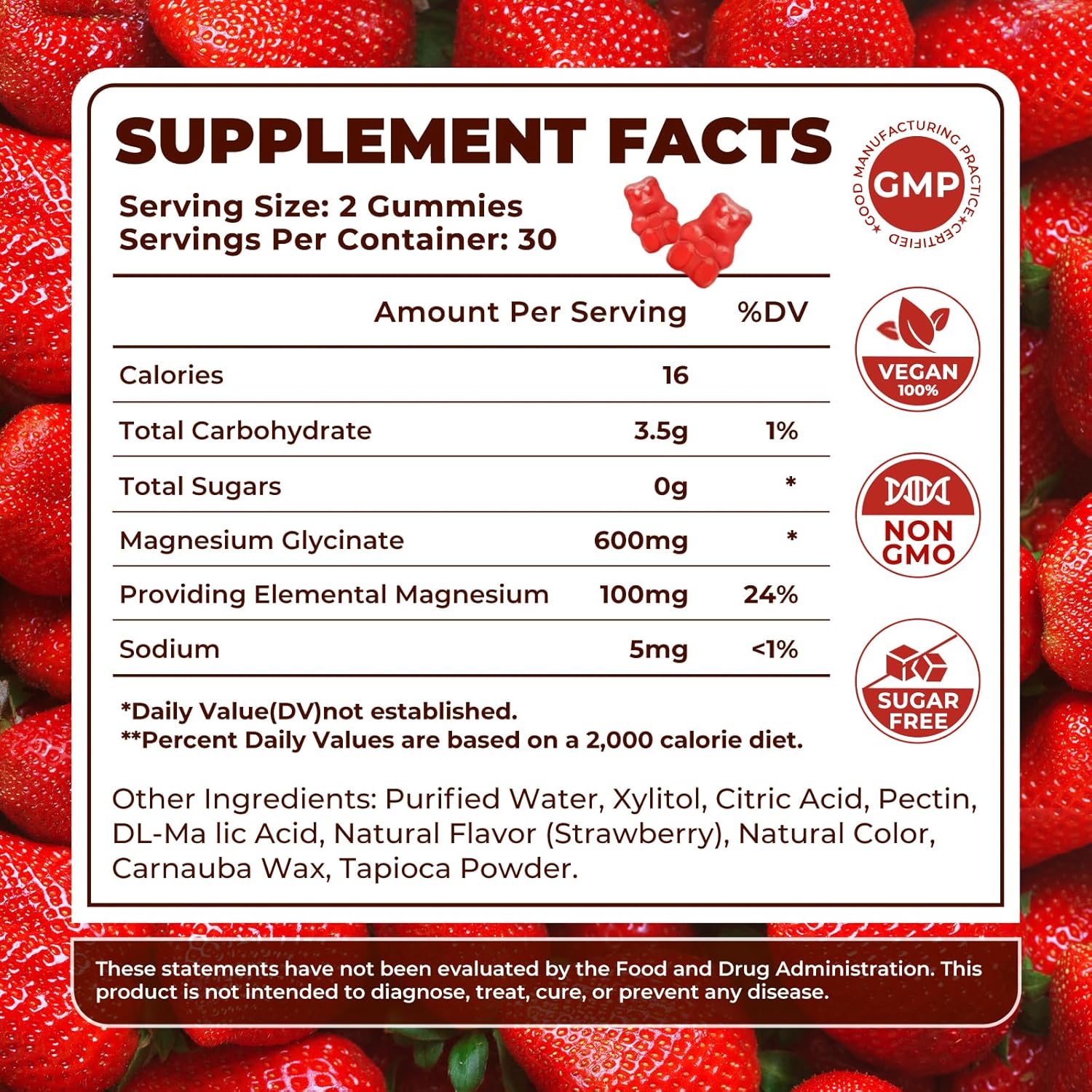 Sugar Free Magnesium Glycinate Gummies 600mg for Adults - Strawberry Supplement for Stress, Muscle Relief, Nerve Health - Non-GMO, Gluten Free, Vegan - 120 Count.