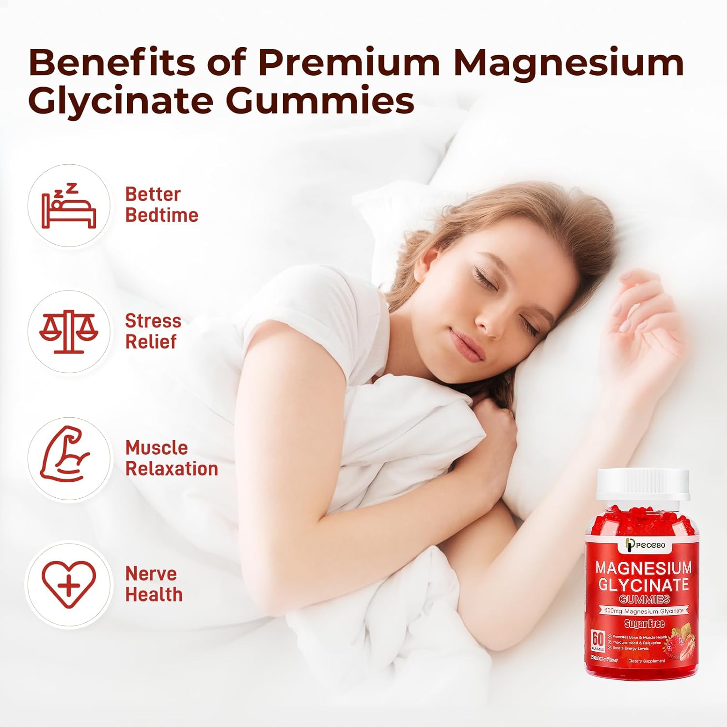 Sugar Free Magnesium Glycinate Gummies 600mg for Adults - Strawberry Supplement for Stress, Muscle Relief, Nerve Health - Non-GMO, Gluten Free, Vegan - 120 Count.