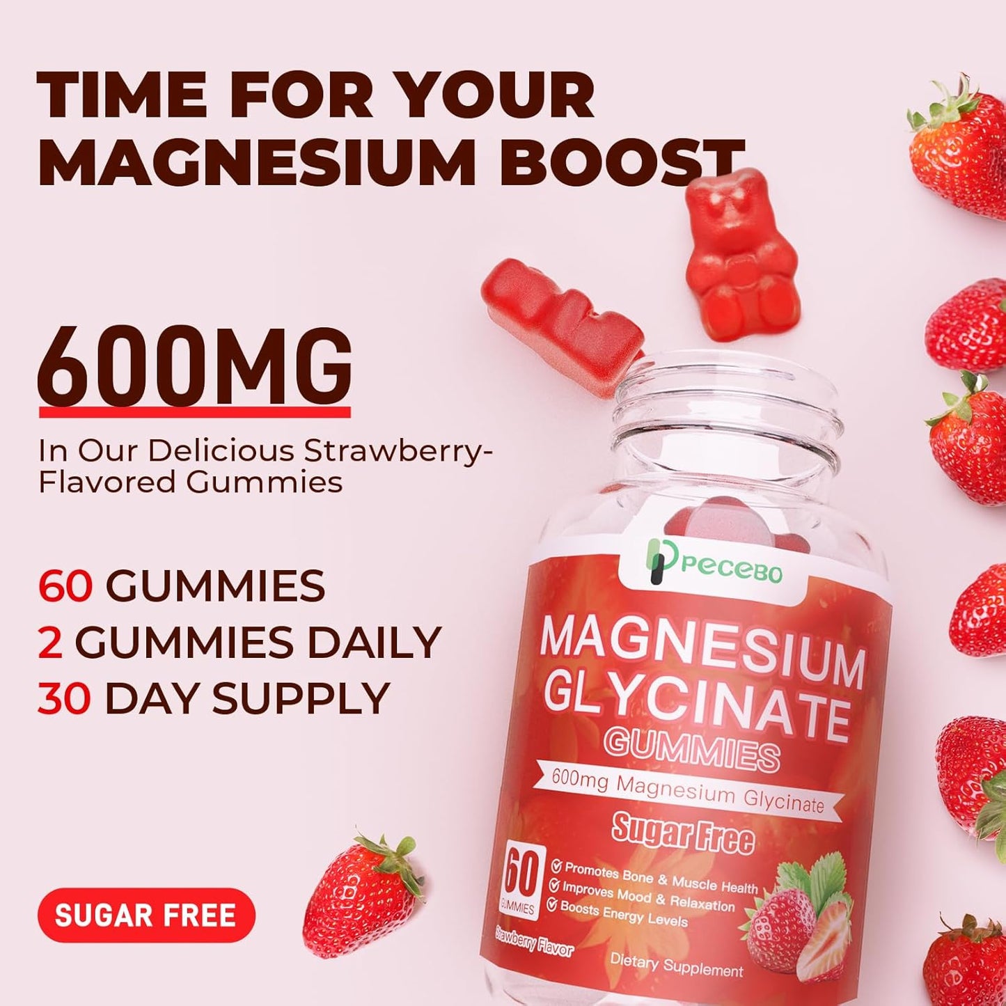 Sugar Free Magnesium Glycinate Gummies 600mg for Adults - Strawberry Supplement for Stress, Muscle Relief, Nerve Health - Non-GMO, Gluten Free, Vegan - 120 Count.