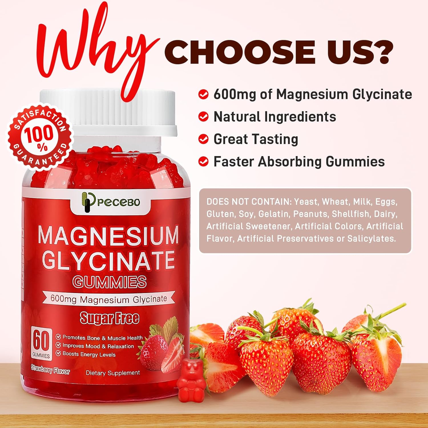 Sugar Free Magnesium Glycinate Gummies 600mg for Adults - Strawberry Supplement for Stress, Muscle Relief, Nerve Health - Non-GMO, Gluten Free, Vegan - 120 Count.