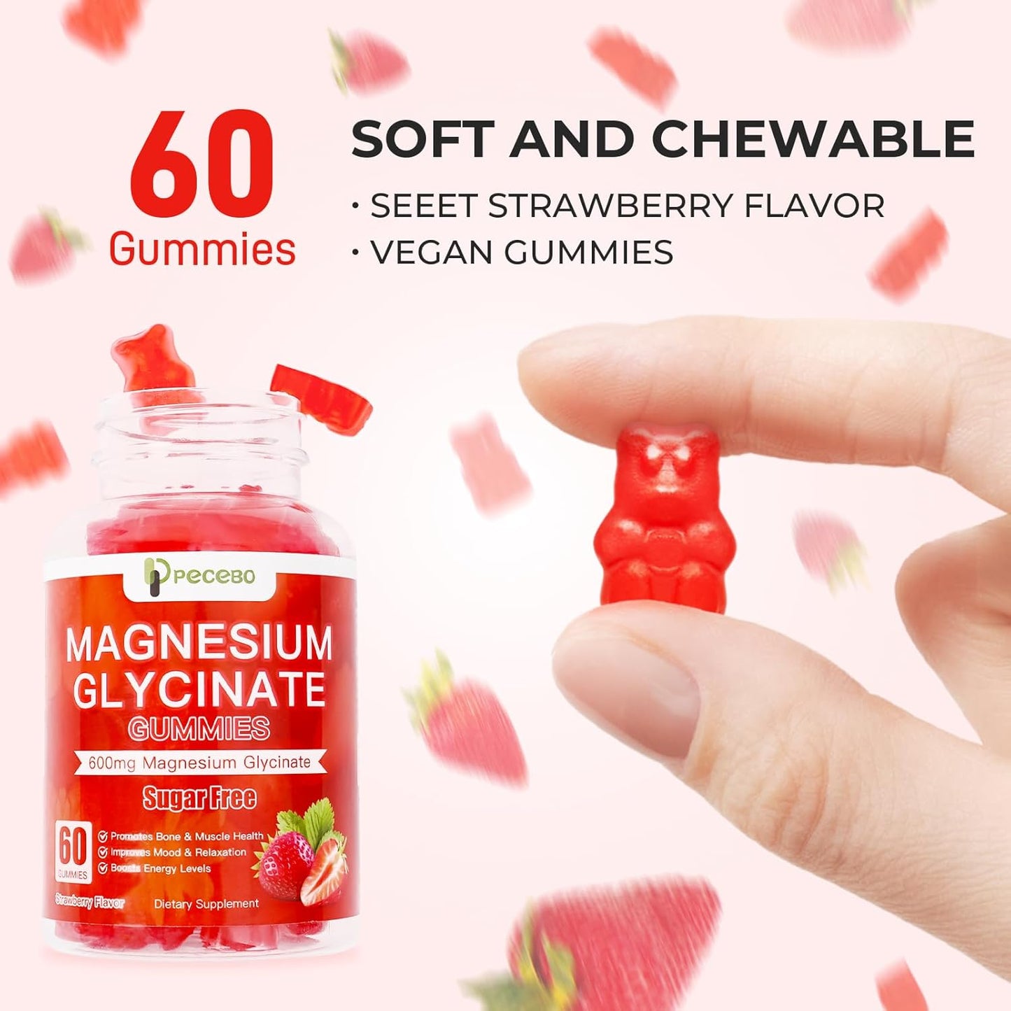Sugar Free Magnesium Glycinate Gummies 600mg for Adults - Strawberry Supplement for Stress, Muscle Relief, Nerve Health - Non-GMO, Gluten Free, Vegan - 120 Count.