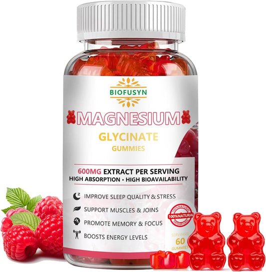 Sugar-Free Magnesium Glycinate Gummies 600mg with Vitamin D, B6, CoQ10 - Raspberry Flavor for Calm Support & Sleep - 60 Count