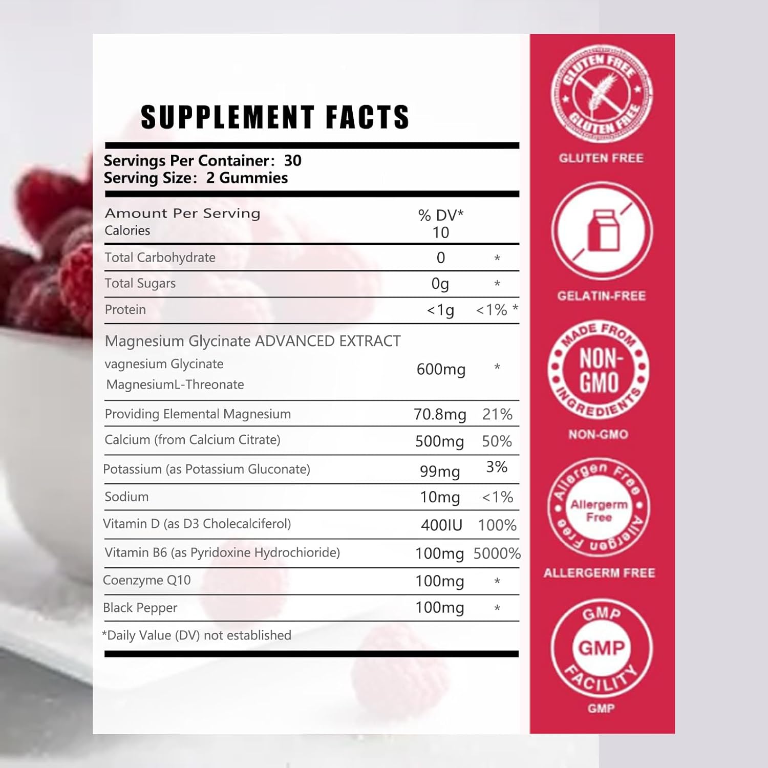 Sugar-Free Magnesium Glycinate Gummies 600mg with Vitamin D, B6, CoQ10 - Raspberry Flavor for Calm Support & Sleep - 60 Count