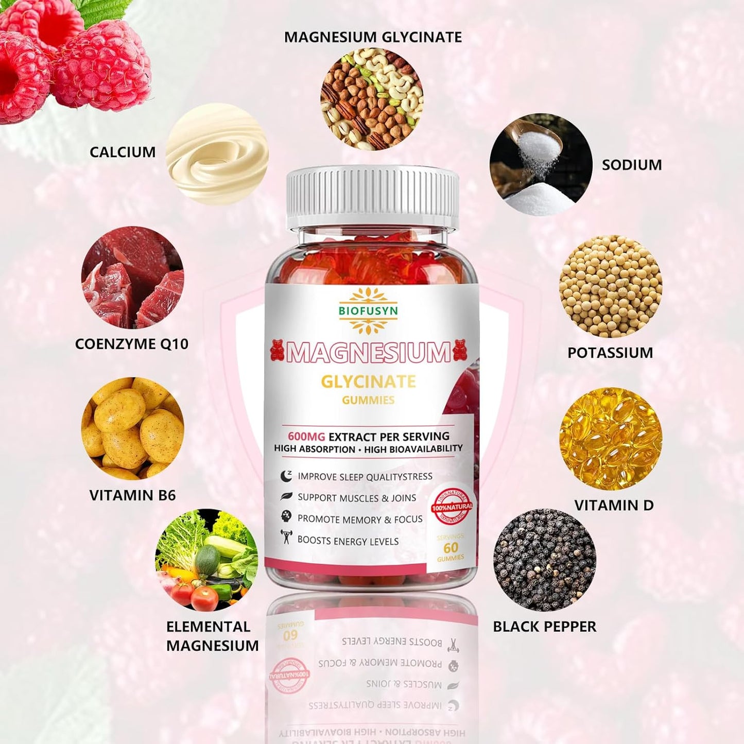 Sugar-Free Magnesium Glycinate Gummies 600mg with Vitamin D, B6, CoQ10 - Raspberry Flavor for Calm Support & Sleep - 60 Count