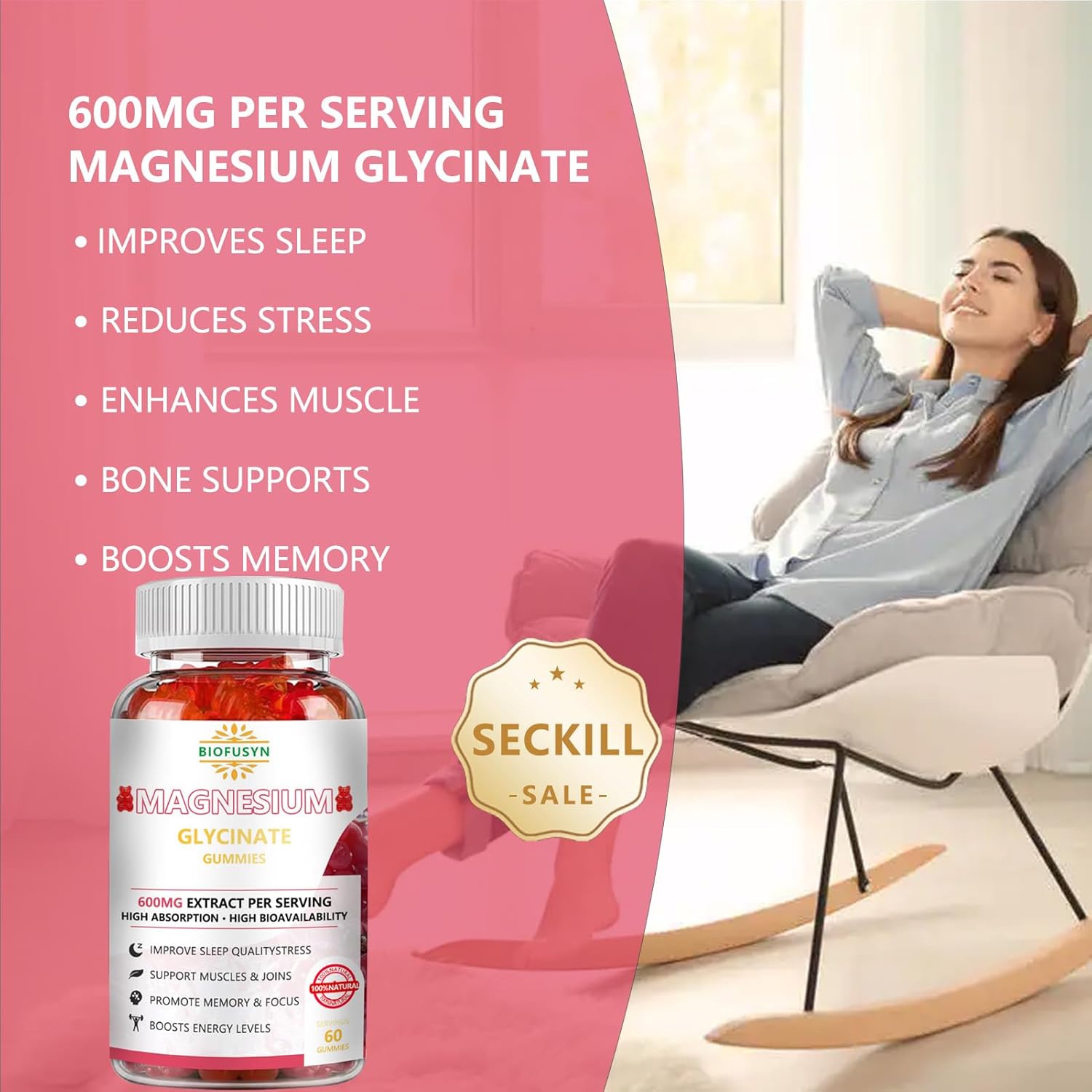 Sugar-Free Magnesium Glycinate Gummies 600mg with Vitamin D, B6, CoQ10 - Raspberry Flavor for Calm Support & Sleep - 60 Count