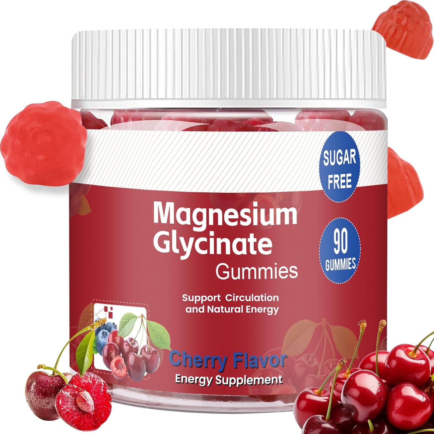Sugar-Free Magnesium Glycinate Gummies for Adults - 90 Count Cherry Flavored Supplement with Taurate, Vitamin B, and Zinc for Energy and Relaxation