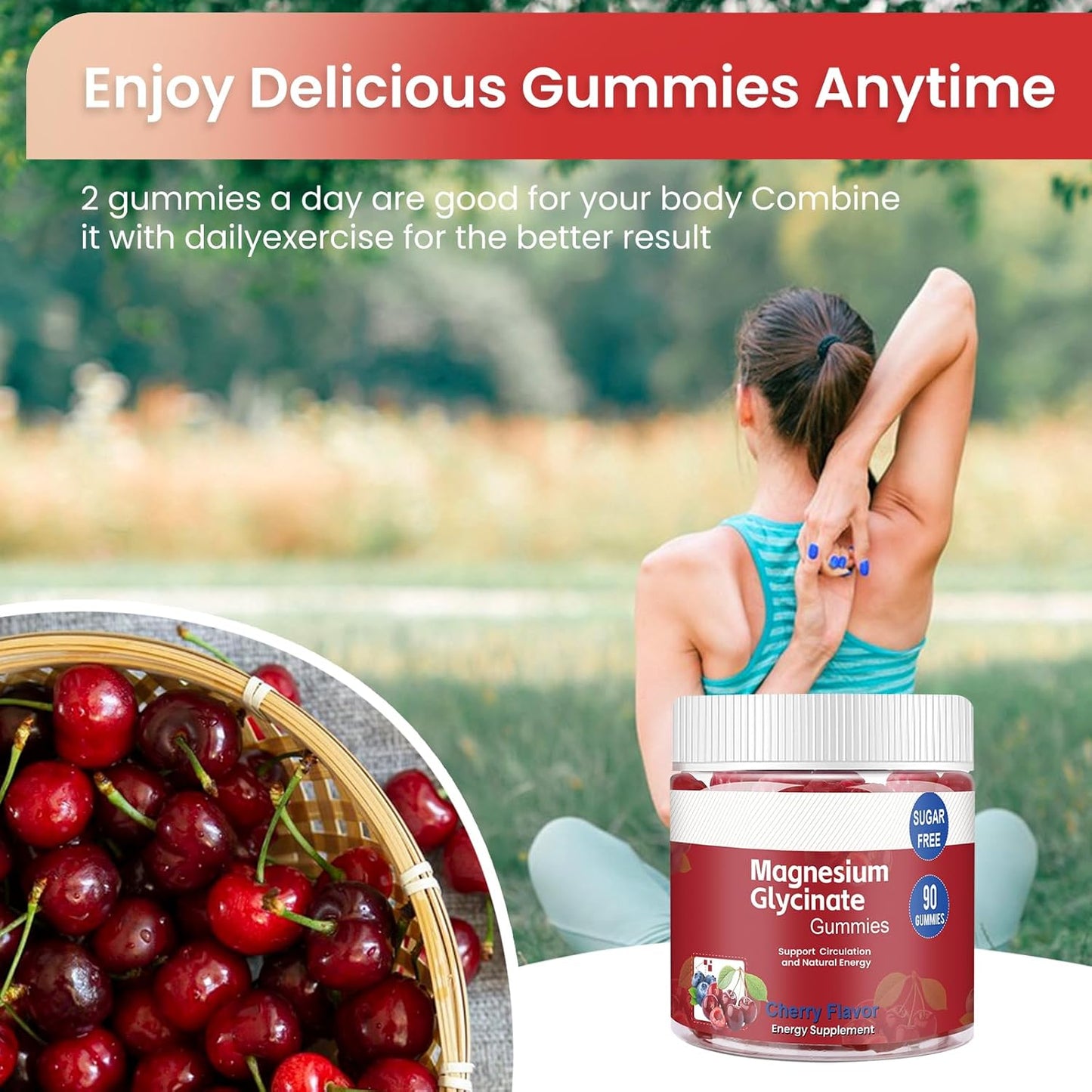 Sugar-Free Magnesium Glycinate Gummies for Adults - 90 Count Cherry Flavored Supplement with Taurate, Vitamin B, and Zinc for Energy and Relaxation