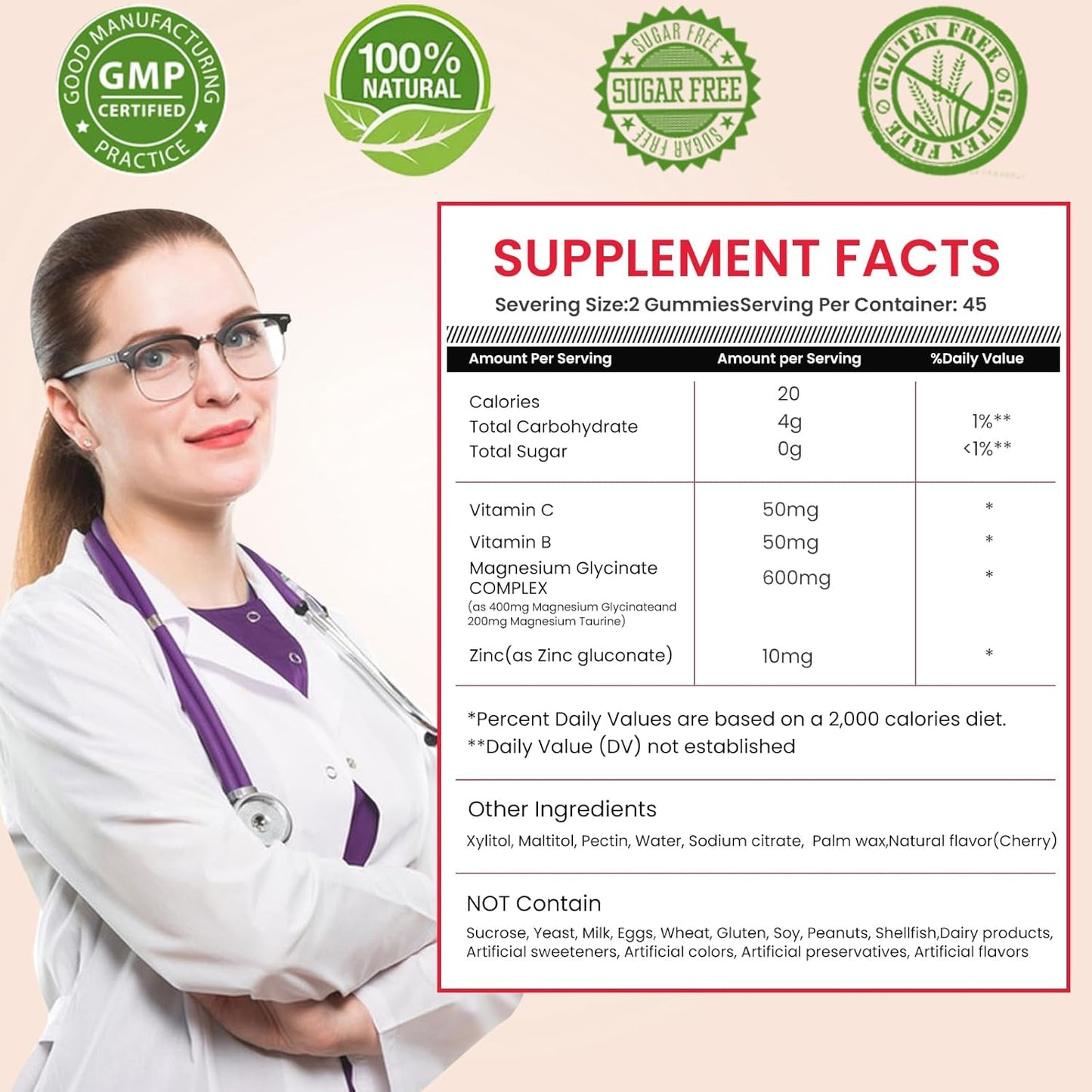 Sugar-Free Magnesium Glycinate Gummies for Adults - 90 Count Cherry Flavored Supplement with Taurate, Vitamin B, and Zinc for Energy and Relaxation