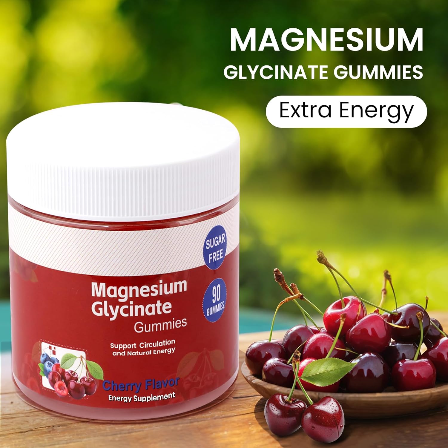 Sugar-Free Magnesium Glycinate Gummies for Adults - 90 Count Cherry Flavored Supplement with Taurate, Vitamin B, and Zinc for Energy and Relaxation