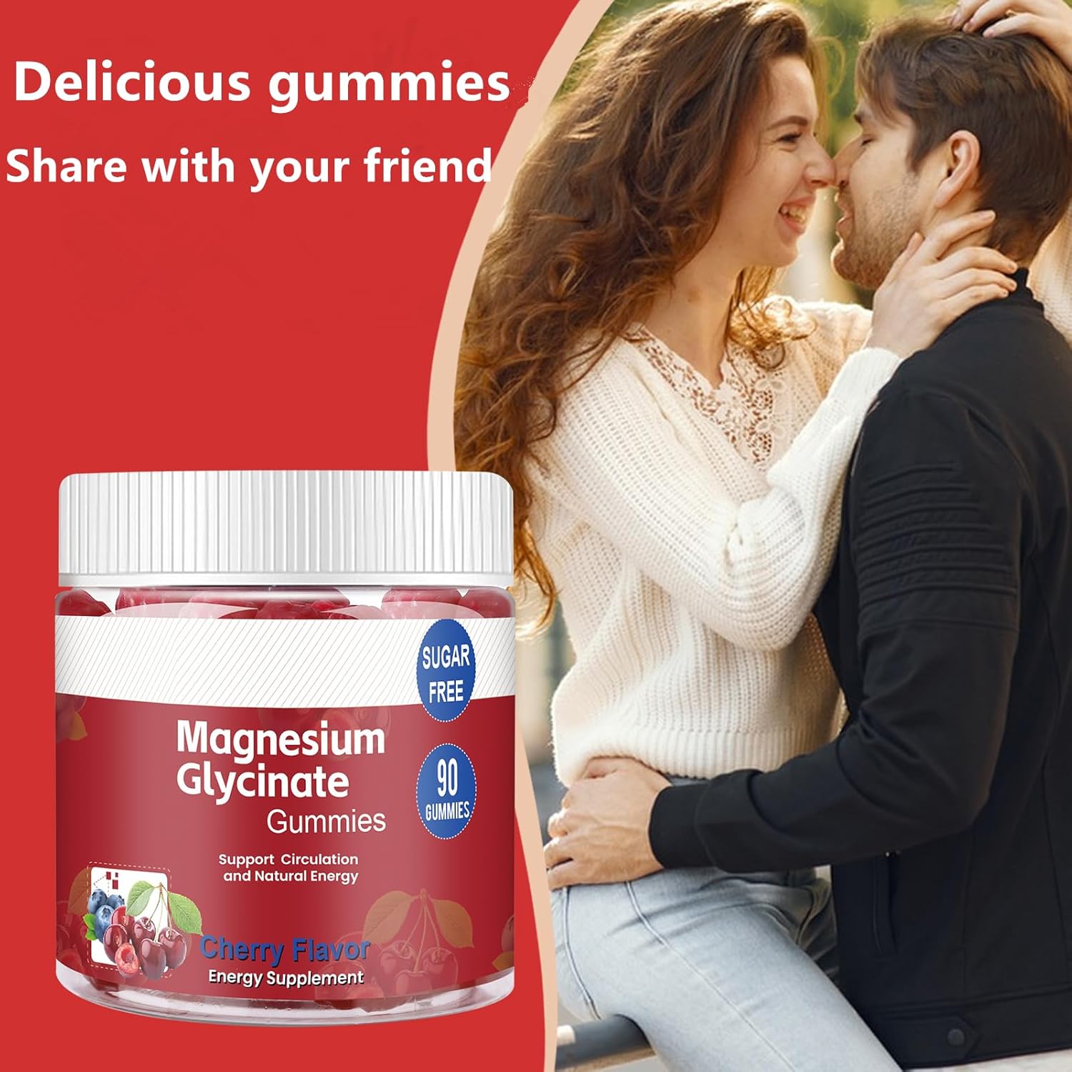 Sugar-Free Magnesium Glycinate Gummies for Adults - 90 Count Cherry Flavored Supplement with Taurate, Vitamin B, and Zinc for Energy and Relaxation