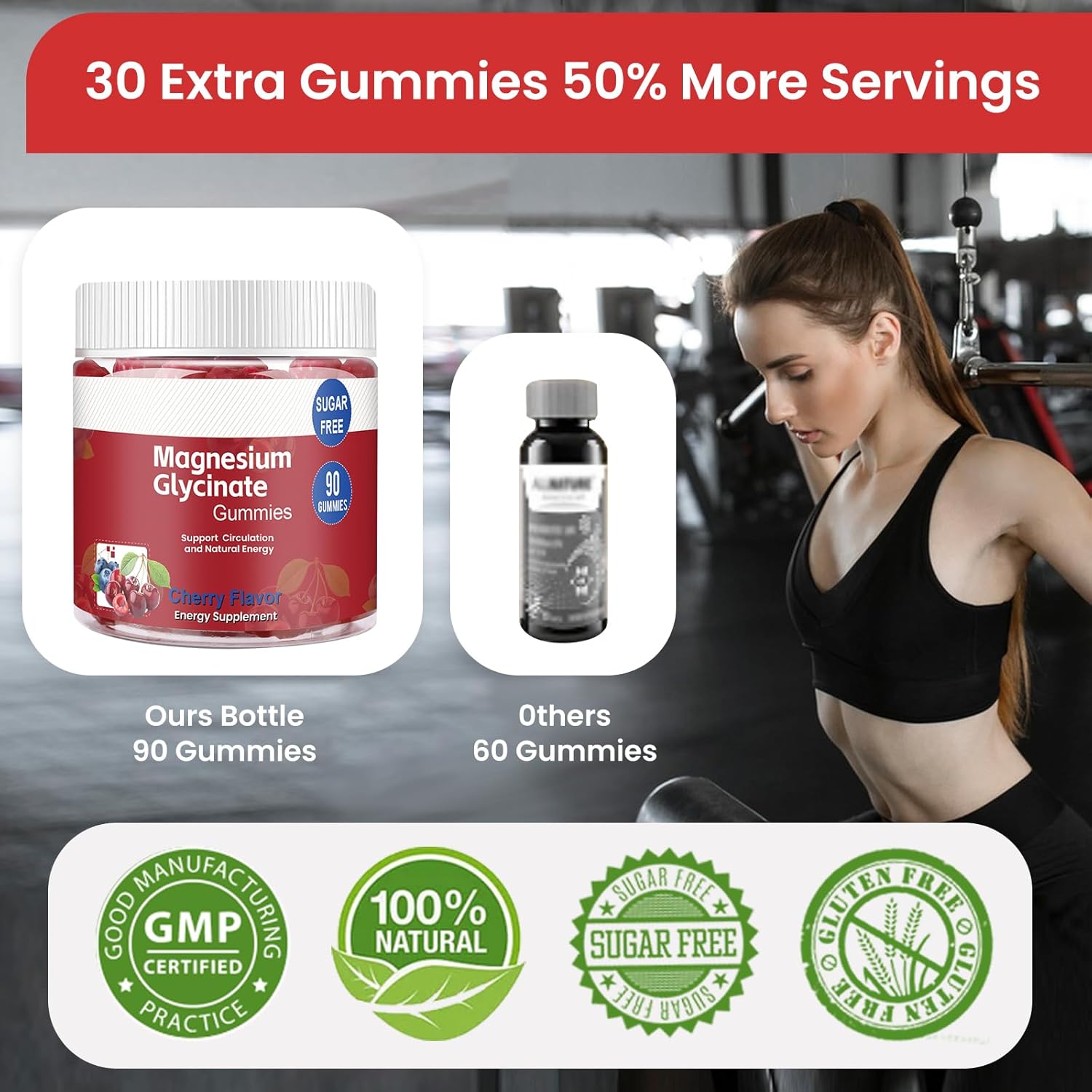 Sugar-Free Magnesium Glycinate Gummies for Adults - 90 Count Cherry Flavored Supplement with Taurate, Vitamin B, and Zinc for Energy and Relaxation