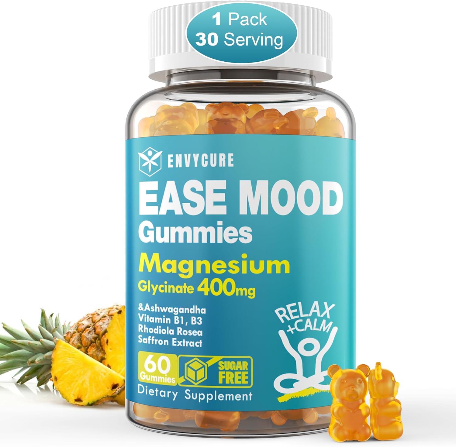 Sugar-Free Magnesium Glycinate Gummies with Ashwagandha for Mood & Energy - 60 Ct Chewable Supplement