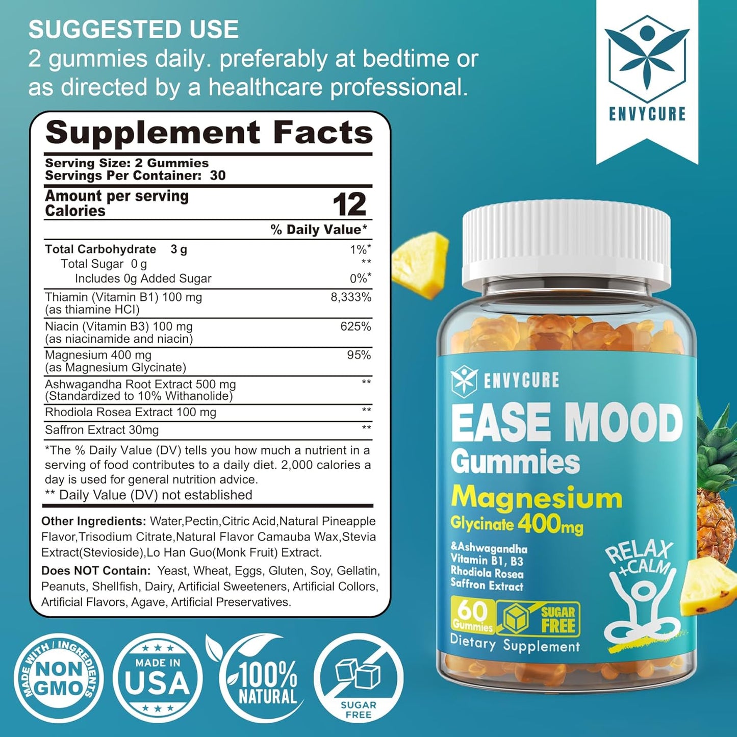 Sugar-Free Magnesium Glycinate Gummies with Ashwagandha for Mood & Energy - 60 Ct Chewable Supplement