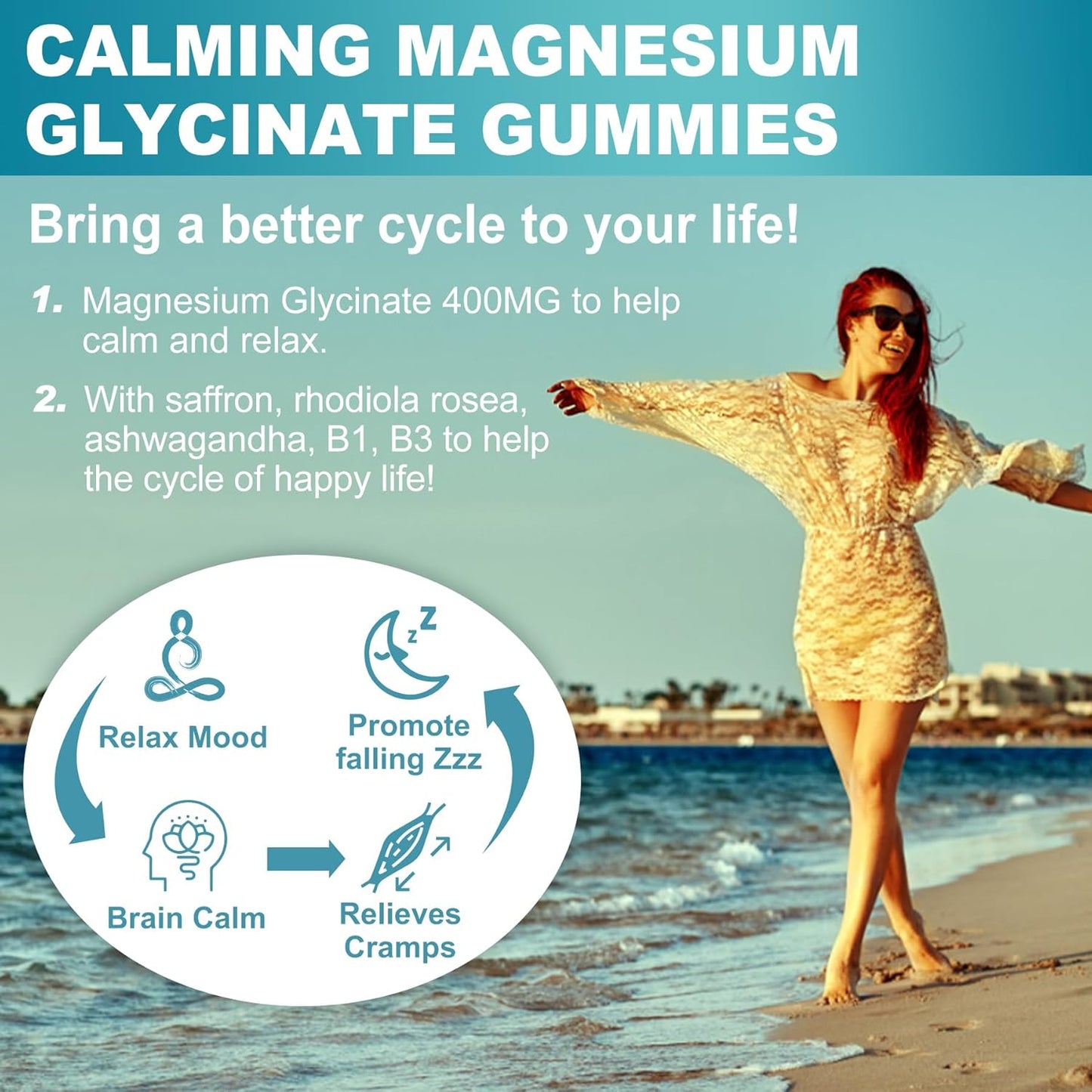 Sugar-Free Magnesium Glycinate Gummies with Ashwagandha for Mood & Energy - 60 Ct Chewable Supplement