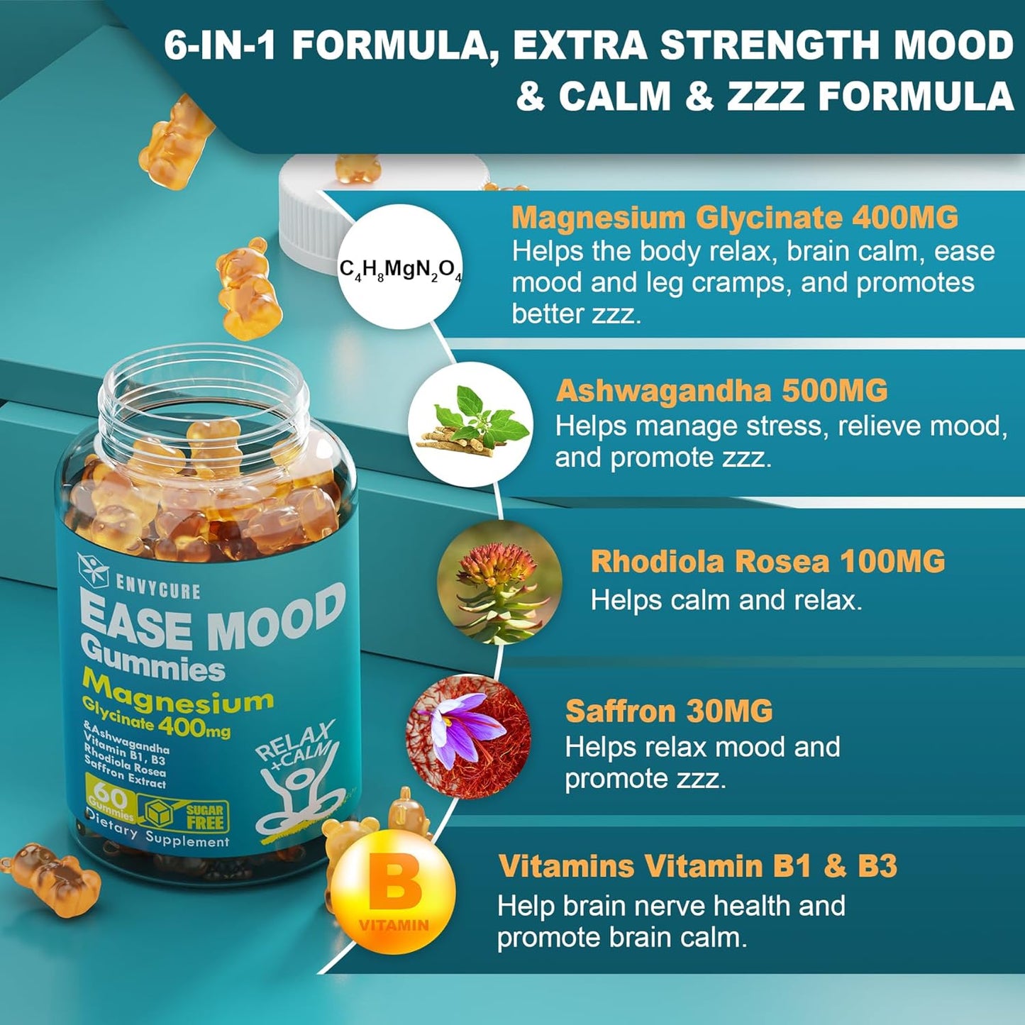 Sugar-Free Magnesium Glycinate Gummies with Ashwagandha for Mood & Energy - 60 Ct Chewable Supplement