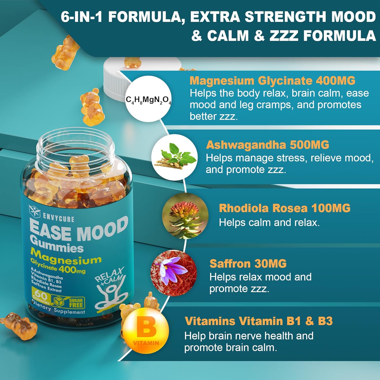 Sugar-Free Magnesium Glycinate Gummies with Ashwagandha for Mood & Energy - 60 Ct Chewable Supplement
