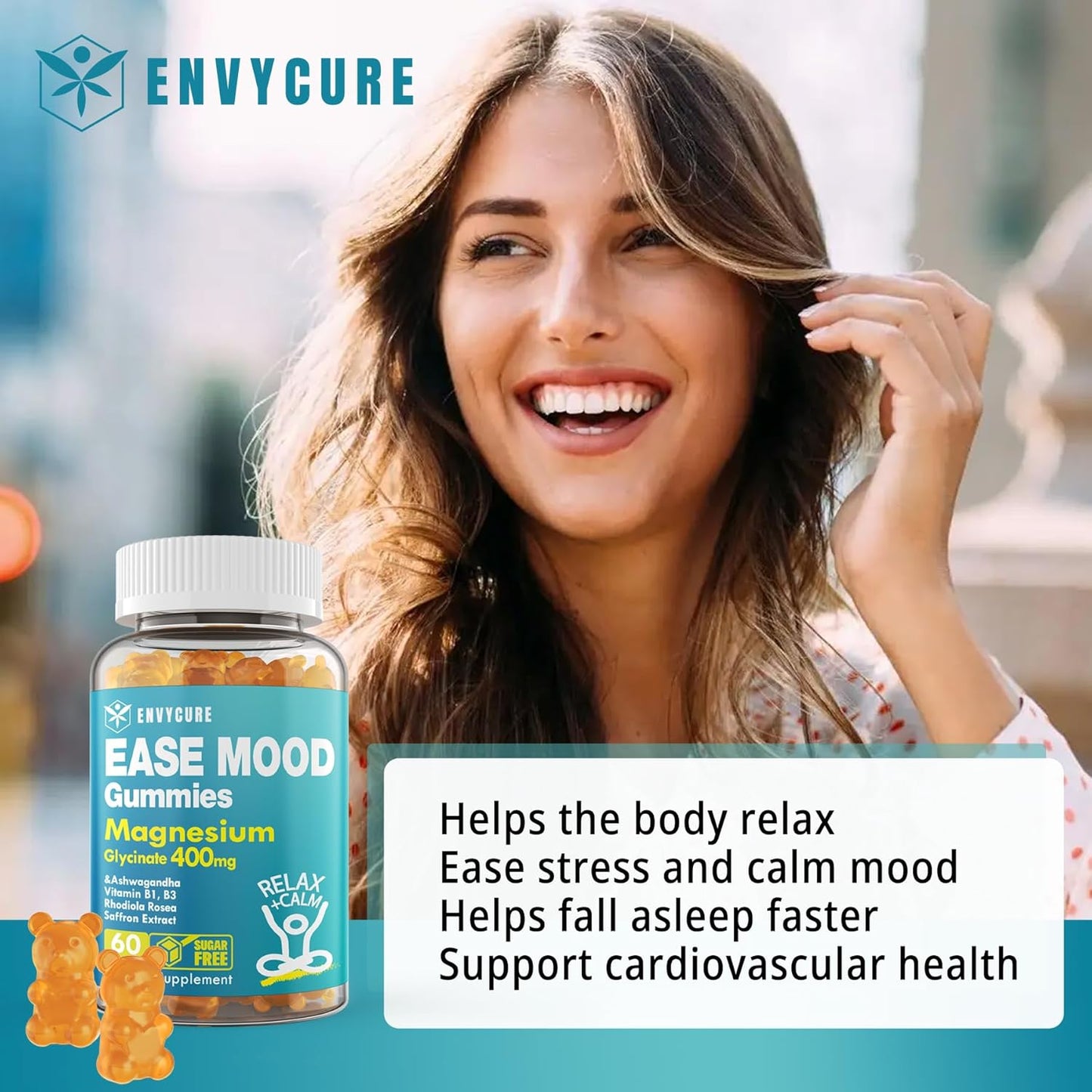 Sugar-Free Magnesium Glycinate Gummies with Ashwagandha for Mood & Energy - 60 Ct Chewable Supplement