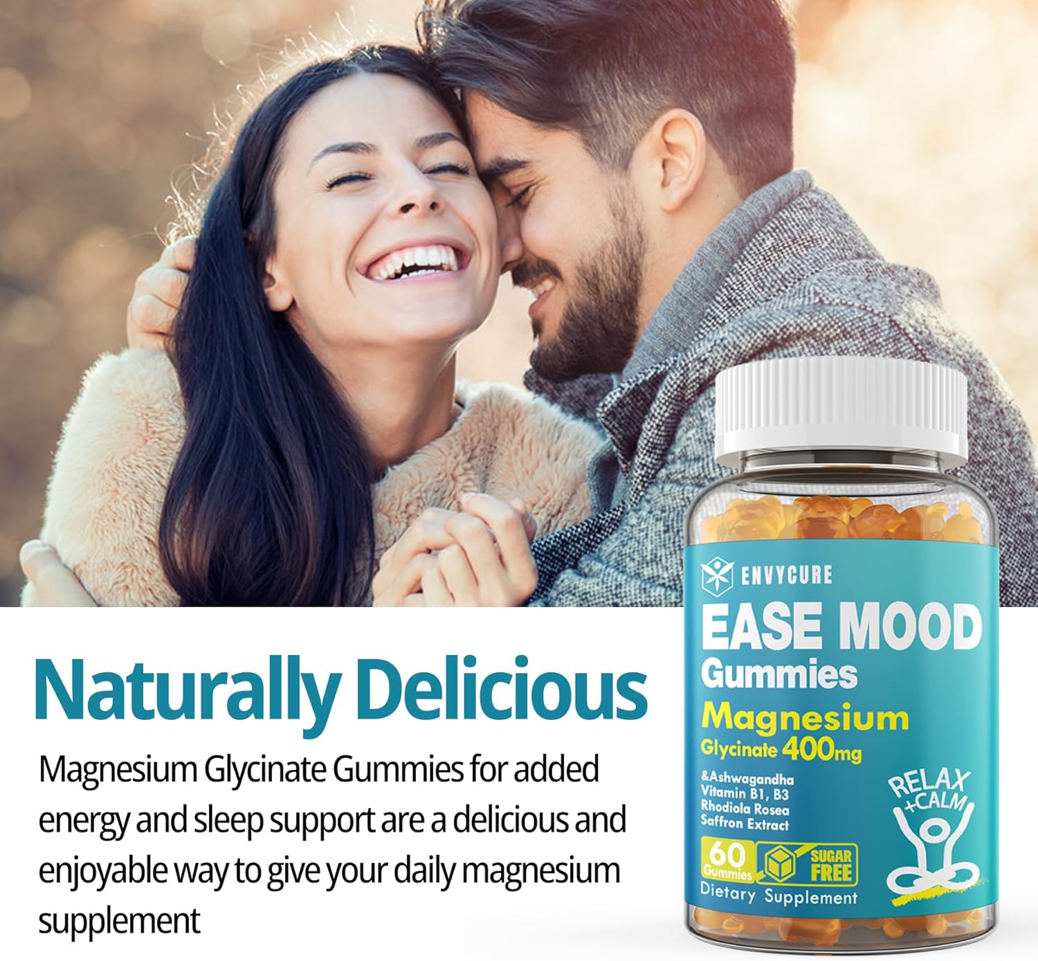 Sugar-Free Magnesium Glycinate Gummies with Ashwagandha for Mood & Energy - 60 Ct Chewable Supplement