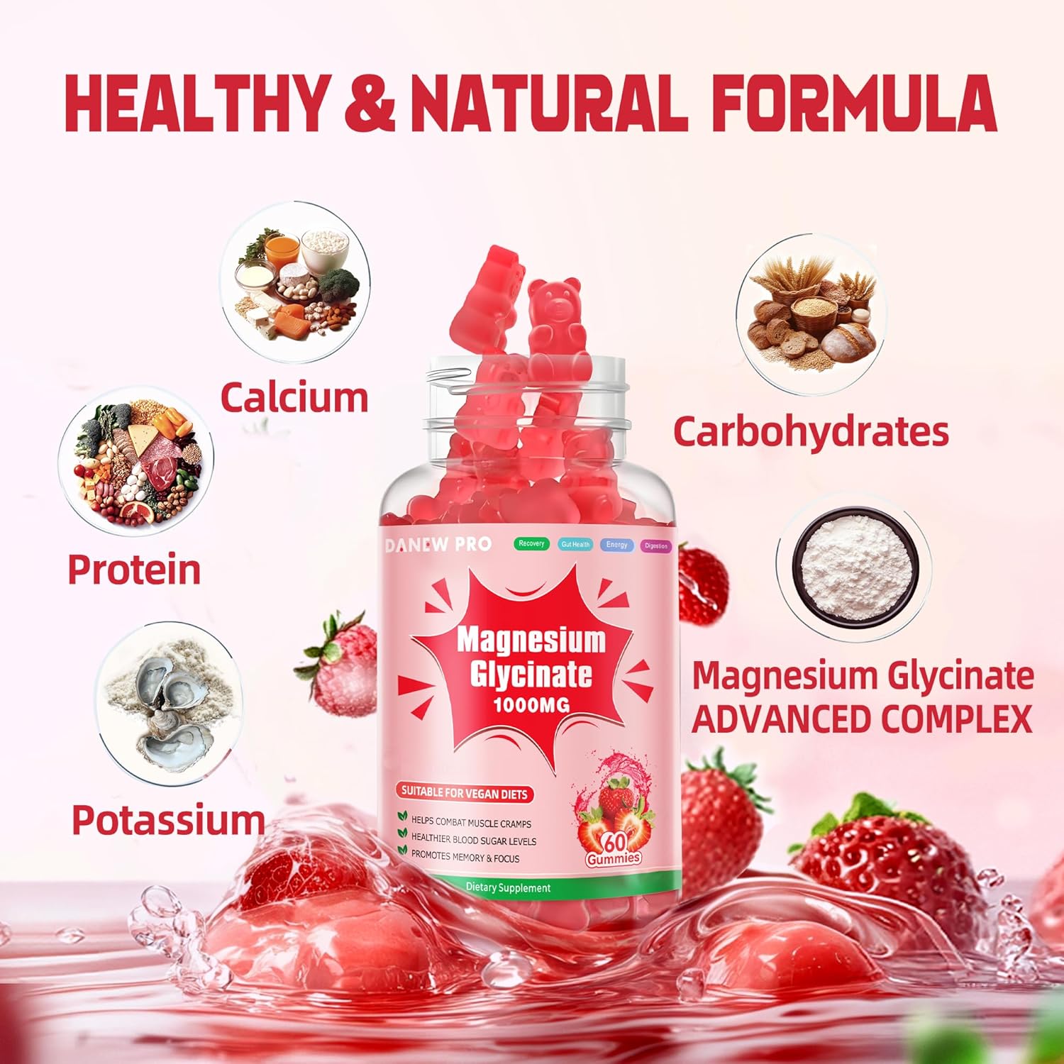 Sugar-Free Magnesium Glycinate Gummies with Vitamin D, B6, & CoQ10 - 1000mg Potassium Supplement for Calm Mood & Sleep Support - 120 Strawberry Gummies