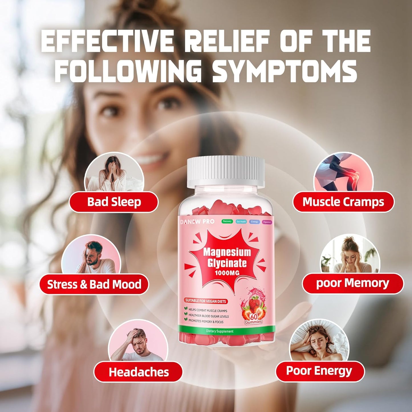 Sugar-Free Magnesium Glycinate Gummies with Vitamin D, B6, & CoQ10 - 1000mg Potassium Supplement for Calm Mood & Sleep Support - 120 Strawberry Gummies